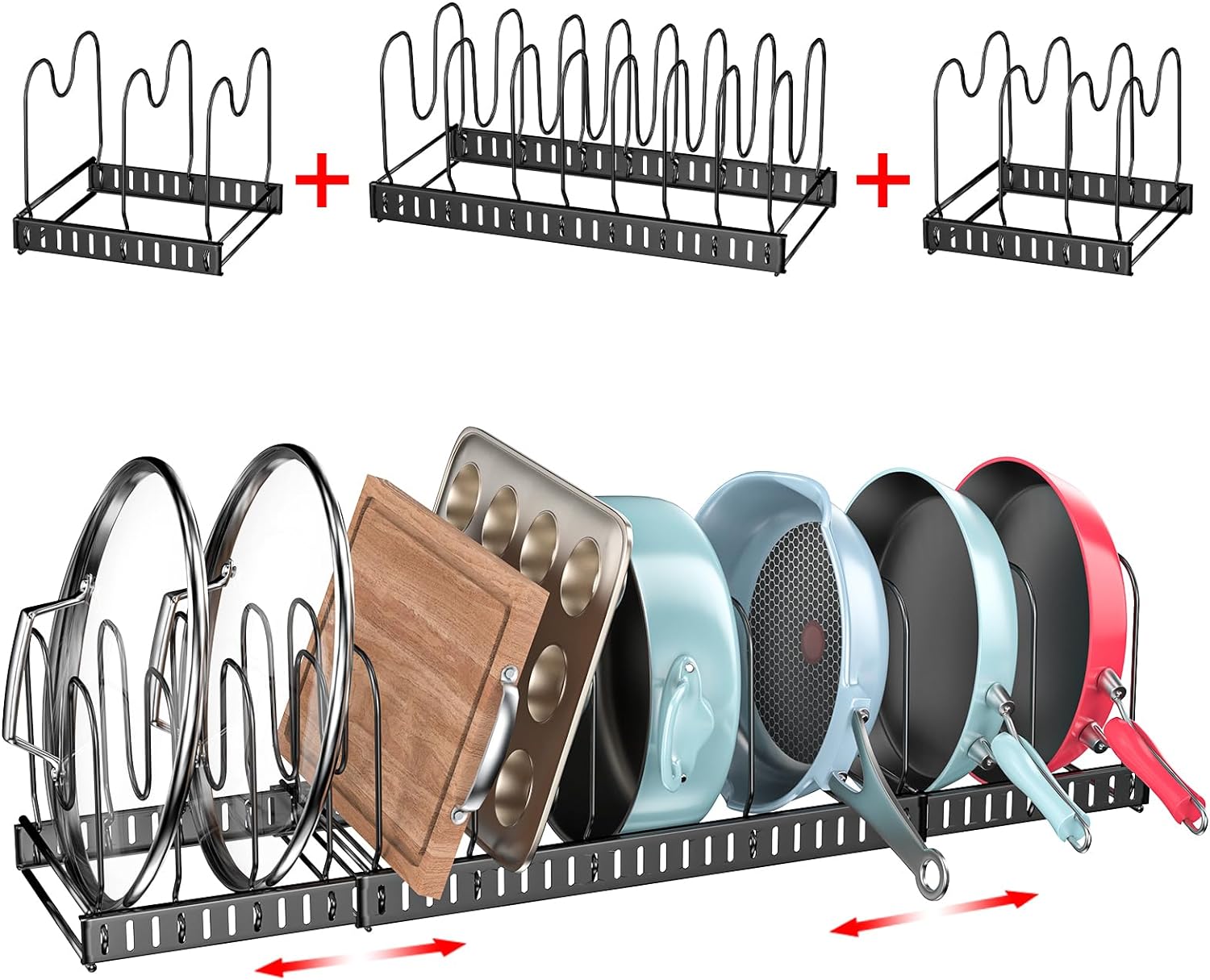 X-cosrack 15 Adjustable Dividers Pot and Pan Organizer Rack, 3 in 1, Expandable Lid Bakeware Cupboard Rack Holder for Kitchen Cabinet Pantry Countertop, 7D x 32W x 7.1H, Black (Patent Pending)