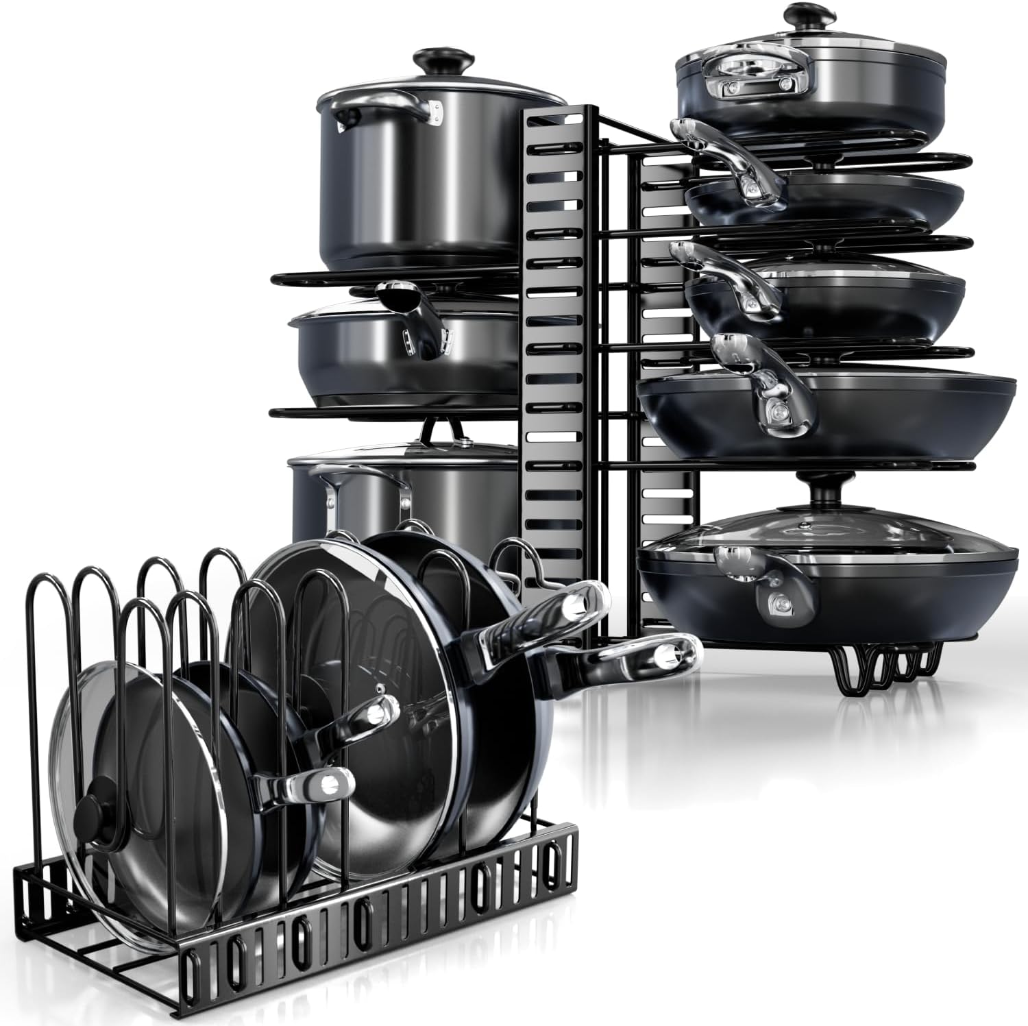 Pots and Pans Organizer Under Cabinet - 8-Tier Adjustable Pan Organizer Rack for Cabinet - Heavy-Duty Pot & Pan Organizer - Perfect to Store Pots, Pans, Lids - Easy Kitchen Organization and Storage