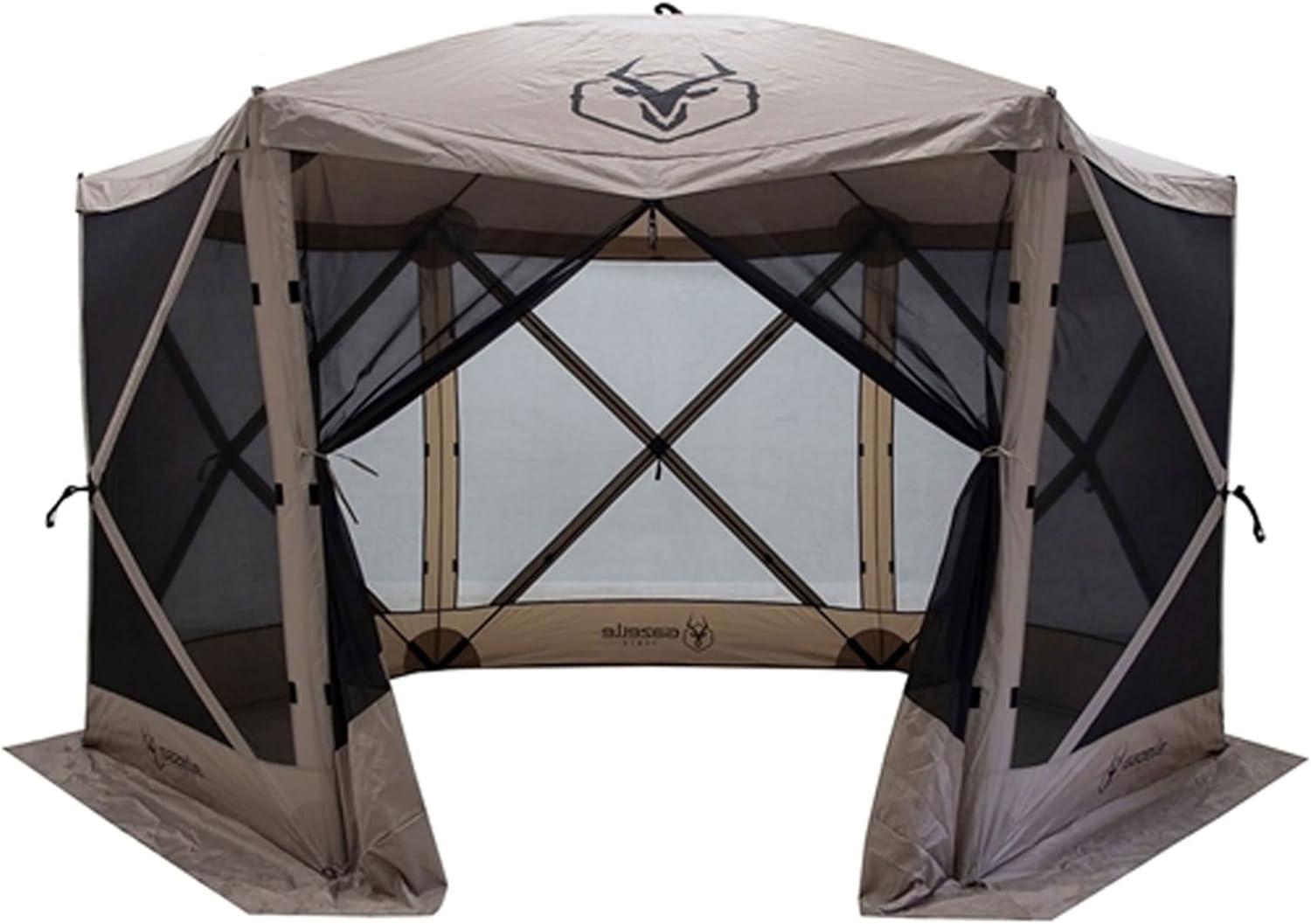 Gazelle Tents G6 8 Person 12 by 12 Pop Up 6 Sided Portable Hub Gazebo Screen Canopy Tent with Large Main Door, Wind Panels, and Screens, Desert Sand