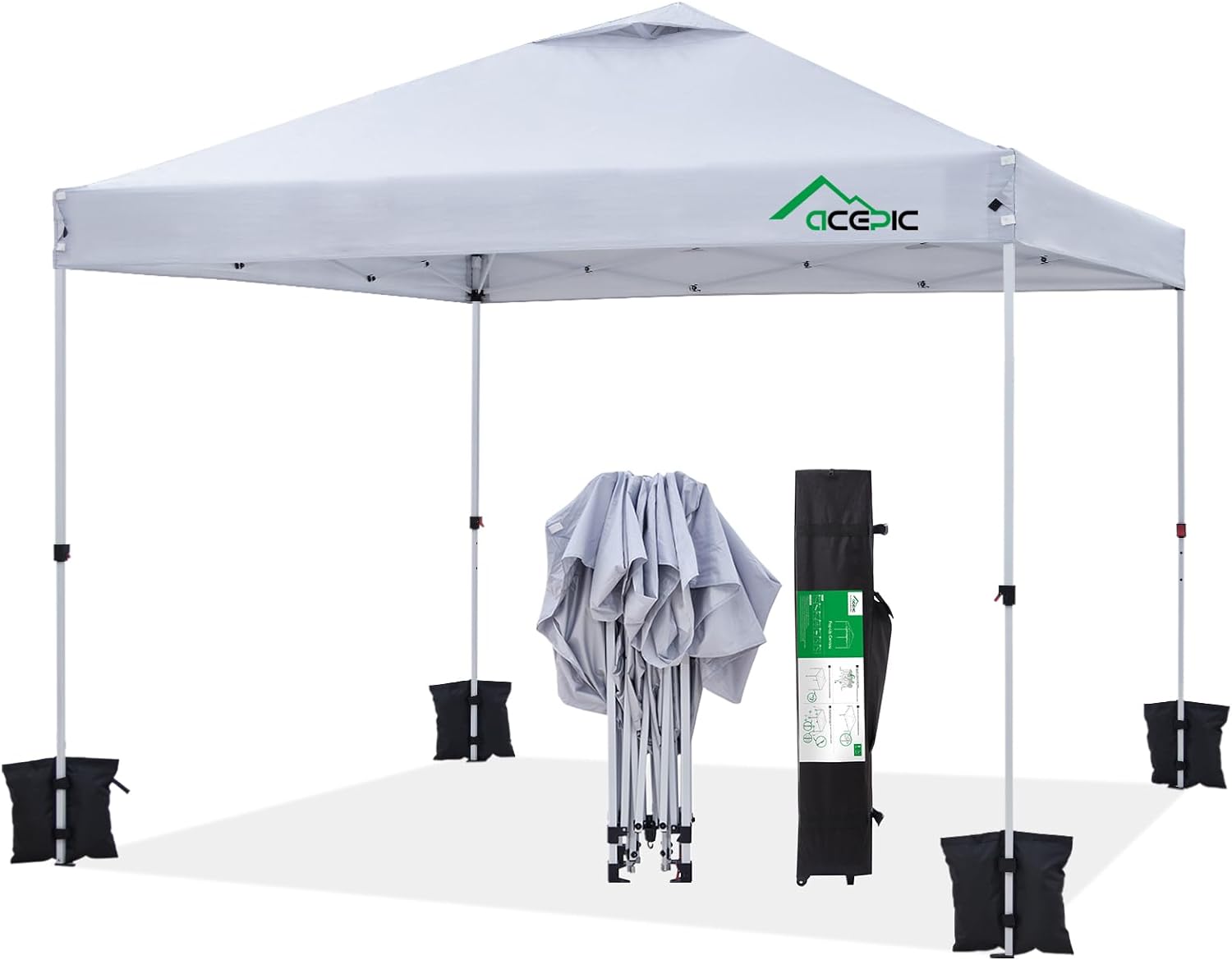 Acepic10x10 Pop Up Canopy Tent,300D Silver-Coating Top,1-Person Setup Pop Up Canopy Tent Instant Portable Shelter with 1-Button Push and Wheel Carry Bag, Bonus 8 Stakes and 4 Canopy Weights (White)