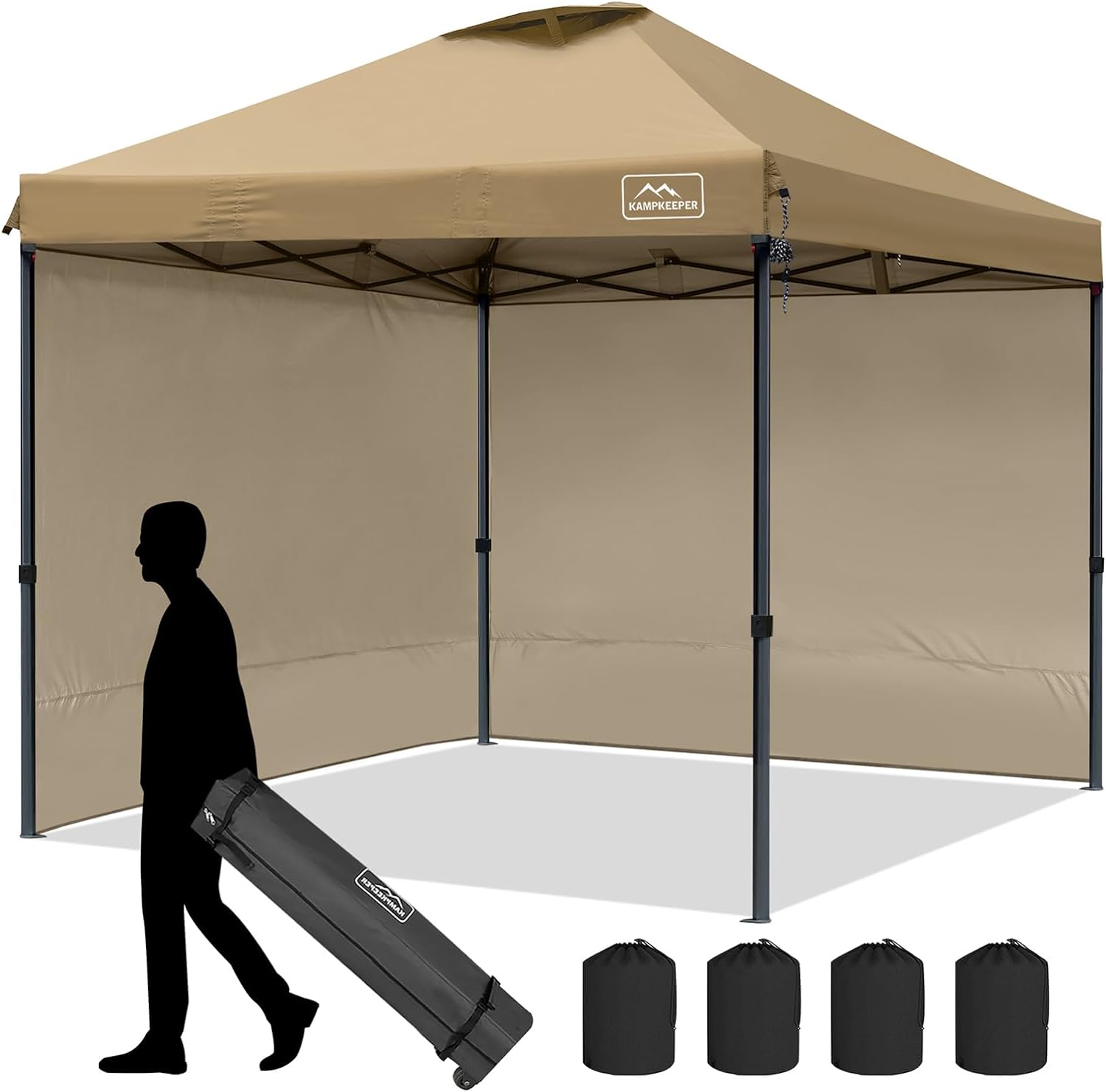 KAMPKEEPER Canopy Tent,10x10 Canopy Tent with sidewalls,Pop Up Canopy Tent for Commercial Garden Wedding Camping Party with 2 Sidewalls & 4 Weight Bags & Carry Bag (Khaki)