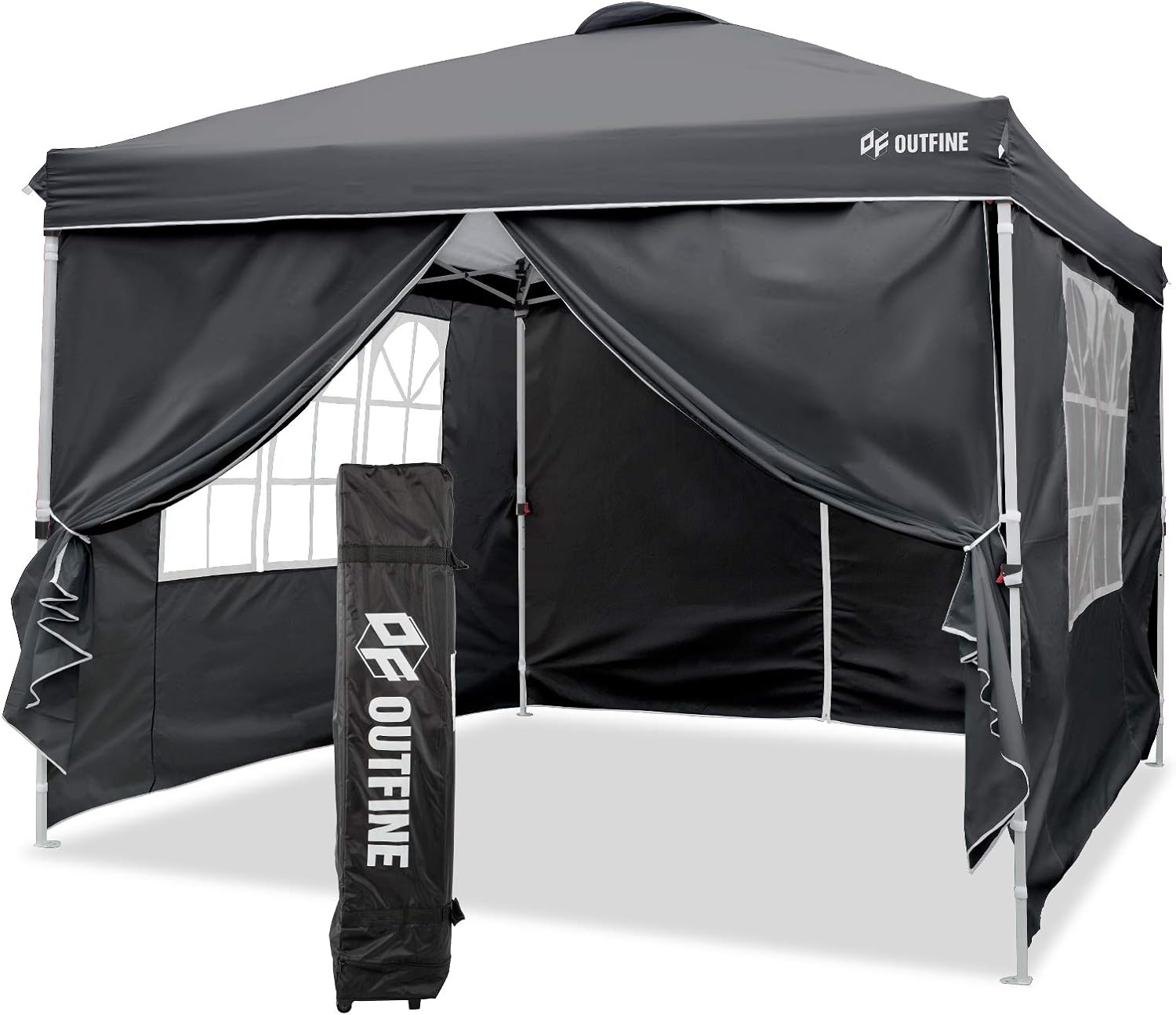 OUTFINE Canopy 10'x10' Pop Up Commercial Instant Gazebo Tent, Fully Waterproof, Outdoor Party Canopies with 4 Removable Sidewalls, Stakes x8, Ropes x4 (Black, 10 * 10FT)