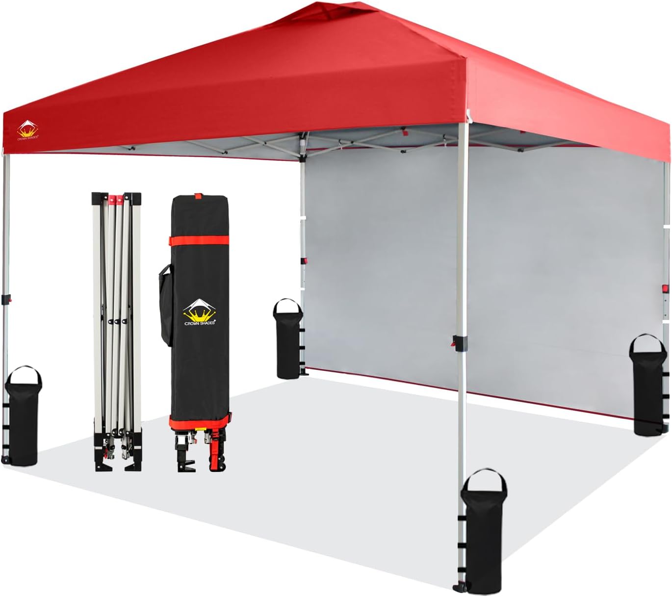 CROWN SHADES 10x10 Pop up Canopy Instant Commercial Canopy Including 1 Removable Sidewall, 4 Ropes, 8 Stakes, 4 Weight Bags, STO 'N Go Bag, Red