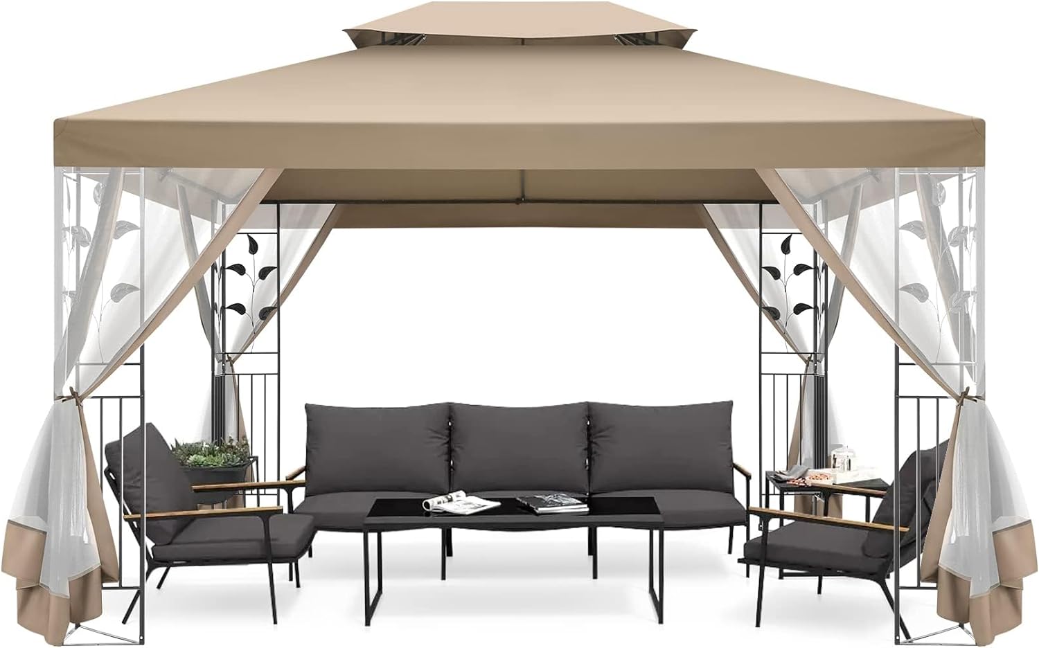 COBIZI Patio Gazebo 10x13 Outdoor Gazebo with Mosquito Netting, Gazebo Canopy Tent for Patios Backyard Deck Lawn Garden, Screened Gazebo with Corner Shelf Stable Steel Frame Double Roof Tops, Khaki