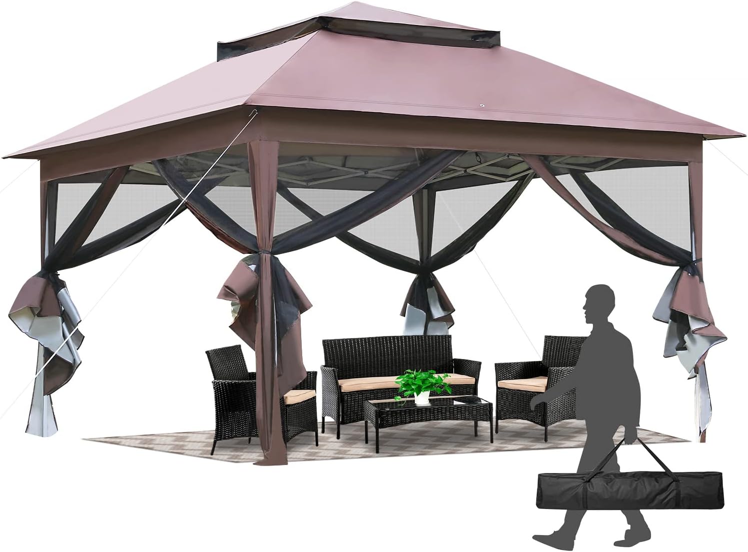 PayLessHere 10'x10' Pop Up Gazebo Outdoor Canopy Gazebo Patio Canopy Gazebo with Mosquito Netting Double Roof Tops for Outdoor Garden Backyard and Patio,Brown