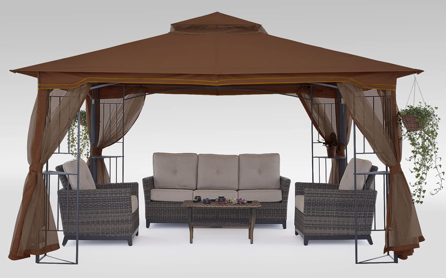 MASTERCANOPY Patio Outdoor Gazebo with Netting Screen Walls and Corner Shelf Design (11x13,Brown)