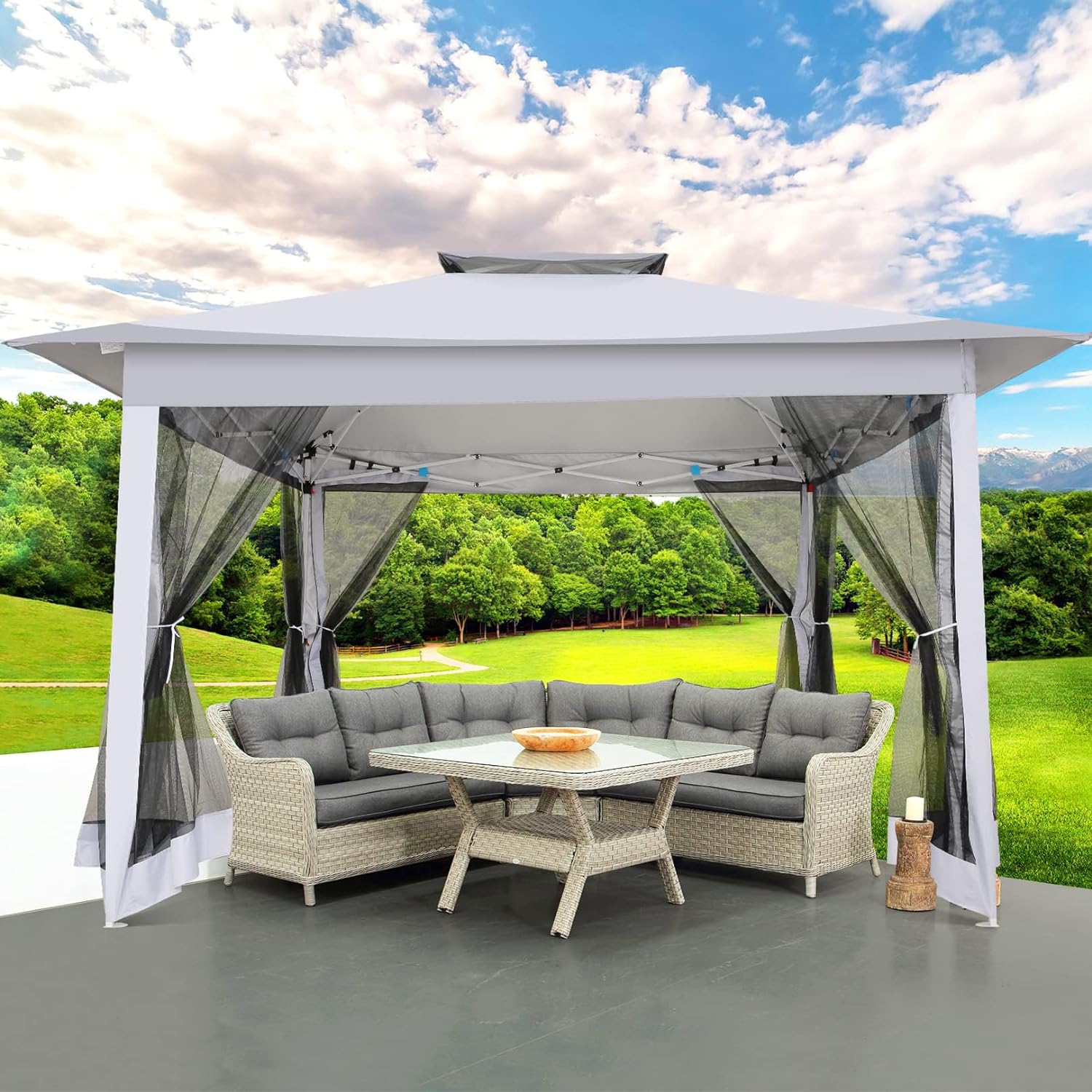 COBIZI Gazebo 12x12 Outdoor Gazebo Pop Up Gazebo Canopy with Mosquito Netting Patio Gazebo Canopy Tent Backyard Canopy with 2-Tiered Vented Top 3 Adjustable Height and 144 Square Ft of Shade