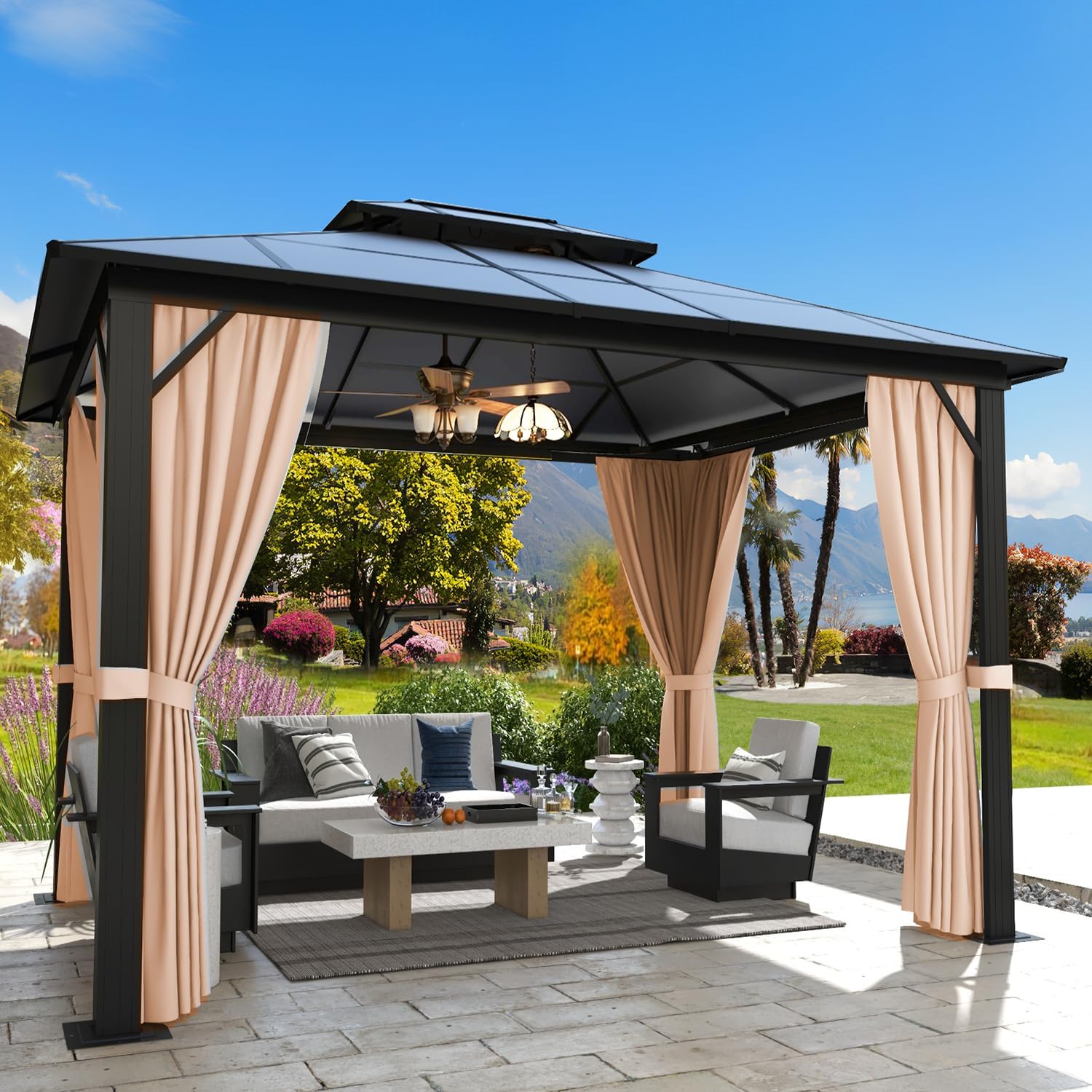 oneinmil 10x12FT Outdoor Polycarbonate Gazebo, Heavy Duty Double Roof Hardtop Gazebo with Aluminum Frame and Netting and Curtains for Patios