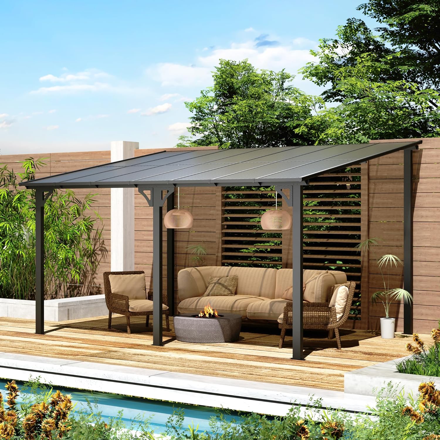 U-MAX Outdoor Pergola 10' x 14' Gazebo, Large Wall-Mounted Lean to Metal Awnings for Patio, Large Panel Roof Gazebos on Clearance for Outdoor Use