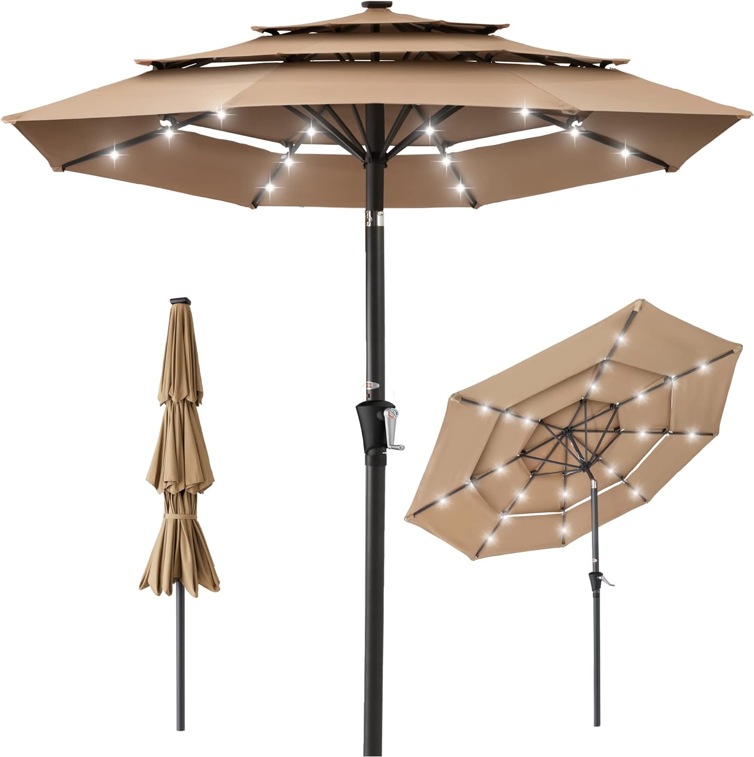 Best Choice Products 10ft 3-Tier Solar Patio Umbrella, Outdoor Market Sun Shade for Backyard, Deck, Poolside w/ 24 LED Lights, Tilt Adjustment, Easy Crank, 8 Ribs - Tan