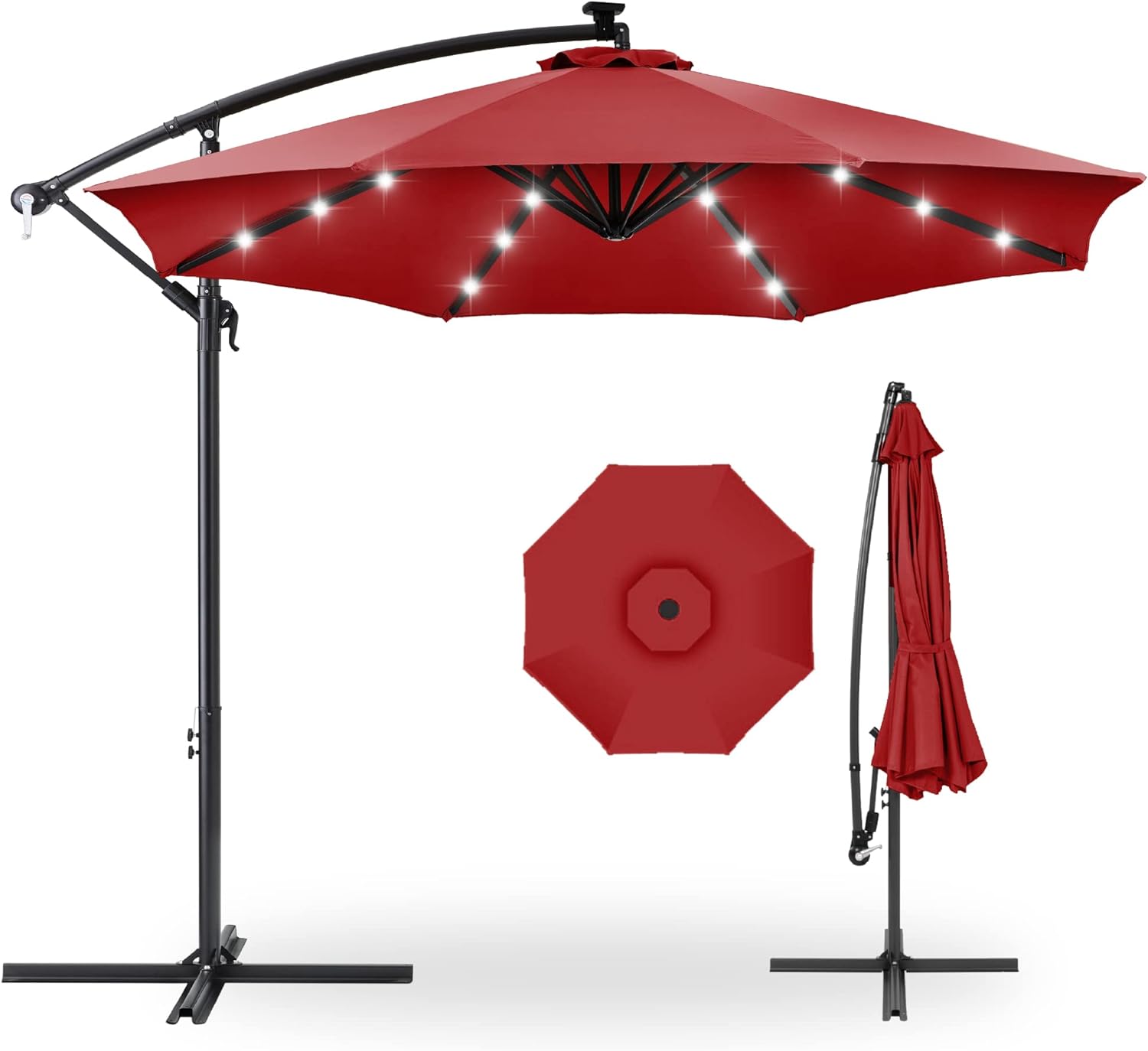 Best Choice Products 10ft Solar LED Offset Hanging Market Patio Umbrella for Backyard, Poolside, Lawn and Garden w/Easy Tilt Adjustment, Polyester Shade, 8 Ribs - Red