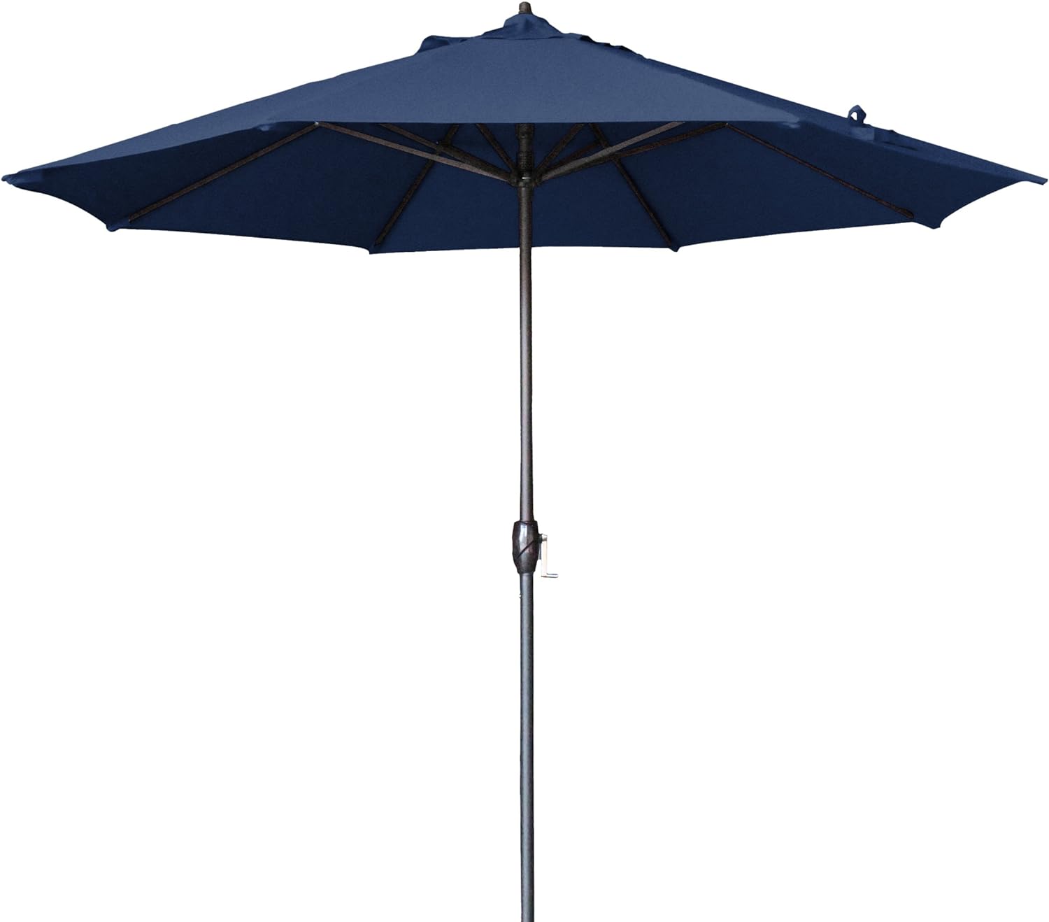 California Umbrella 9' Round Aluminum Market Umbrella, Crank Lift, Auto Tilt, Bronze Pole, Navy Blue Olefin