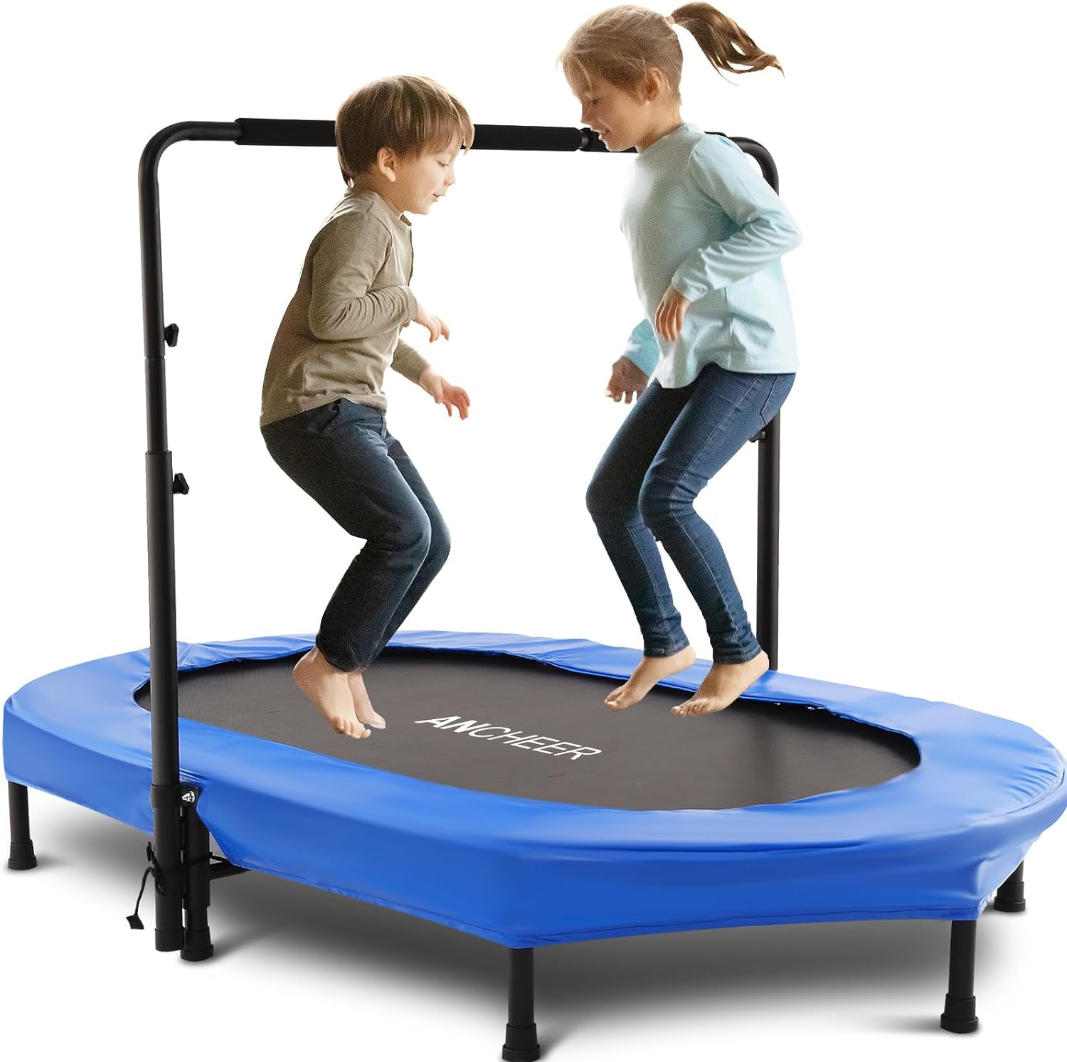 Kids Indoor Trampoline, ANCHEER 56 Foldable Mini Trampoline with 5 Level Adjustable Handle Bar DoubleTrampoline for Kid and Adults with Reinforced Stitching & Non-Slip Rubber Feet, 220lbs Max Load