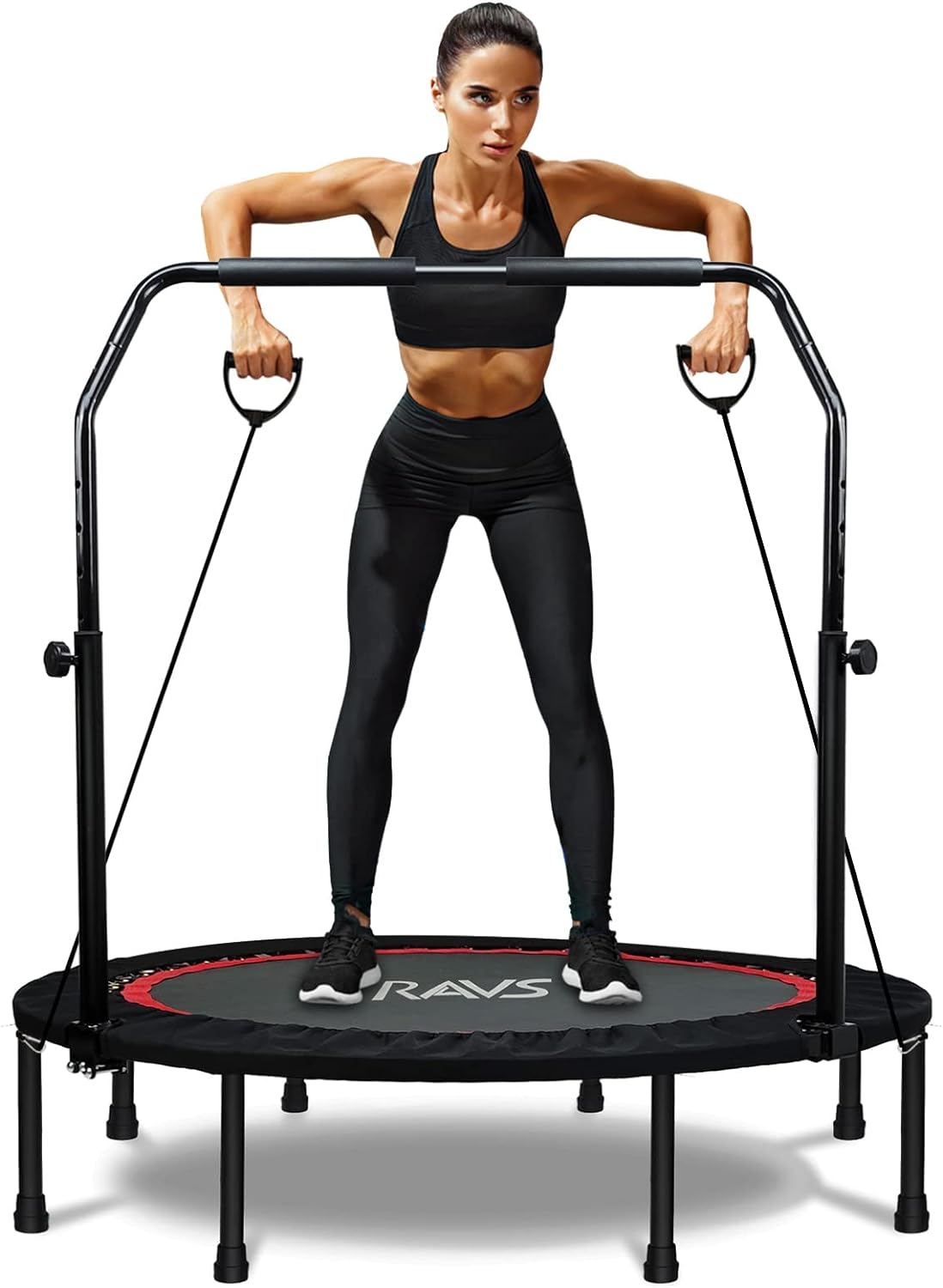 RAVS Mini Trampoline for Kids Adults 40/48 Foldable Fitness Rebounder Kids Trampoline with 5 Levels Height Adjustable Handle Resistance Bands Indoor Workout Max Load 350lbs-450lbs