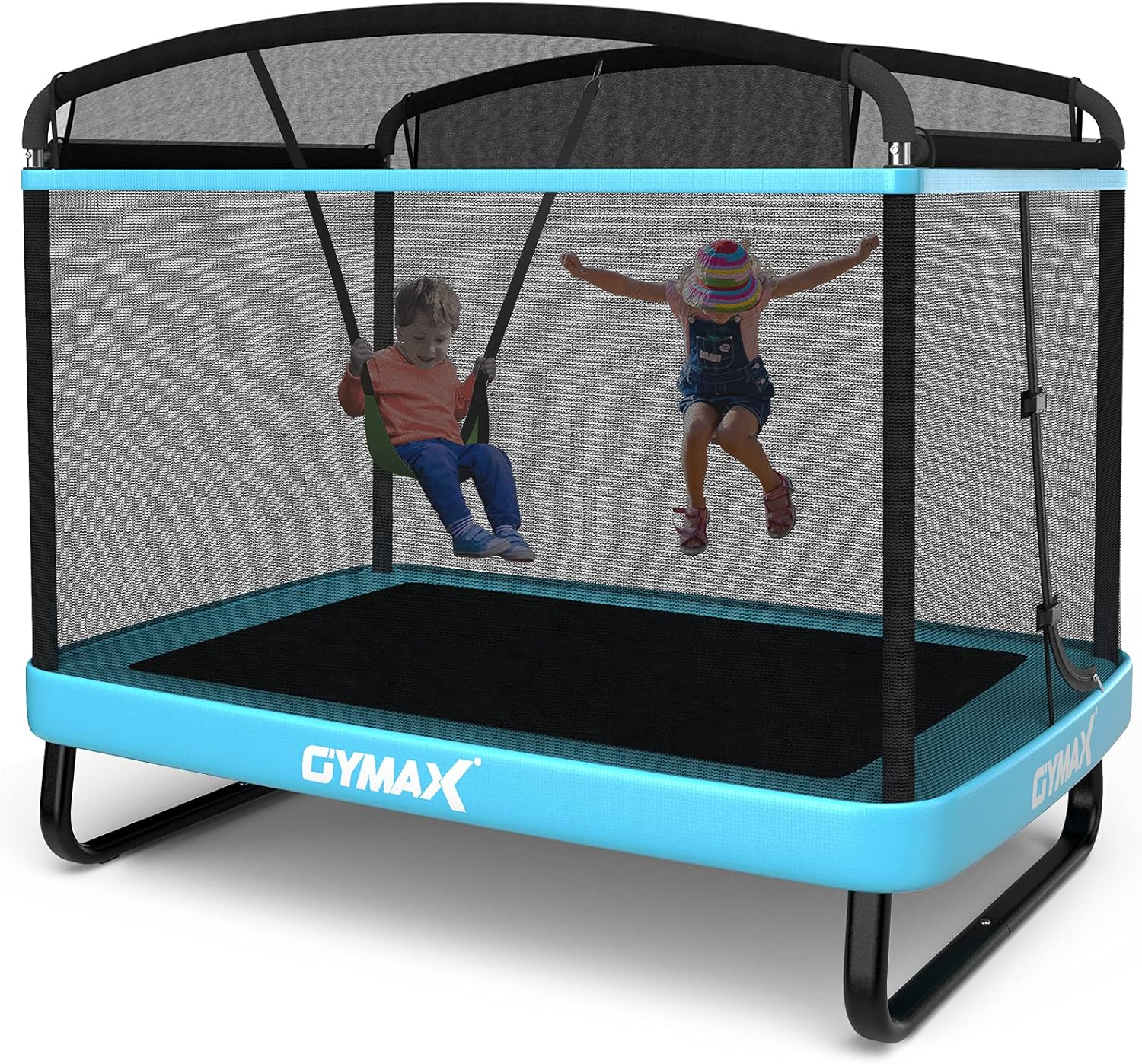 GYMAX 6FT Kids Trampoline with Swing, ASTM Approved Rectangle Recreational Trampoline with Enclosure Safety Net, Indoor/Outdoor Baby Toddler Play Combo Bounce, Birthday for Boy & Girl