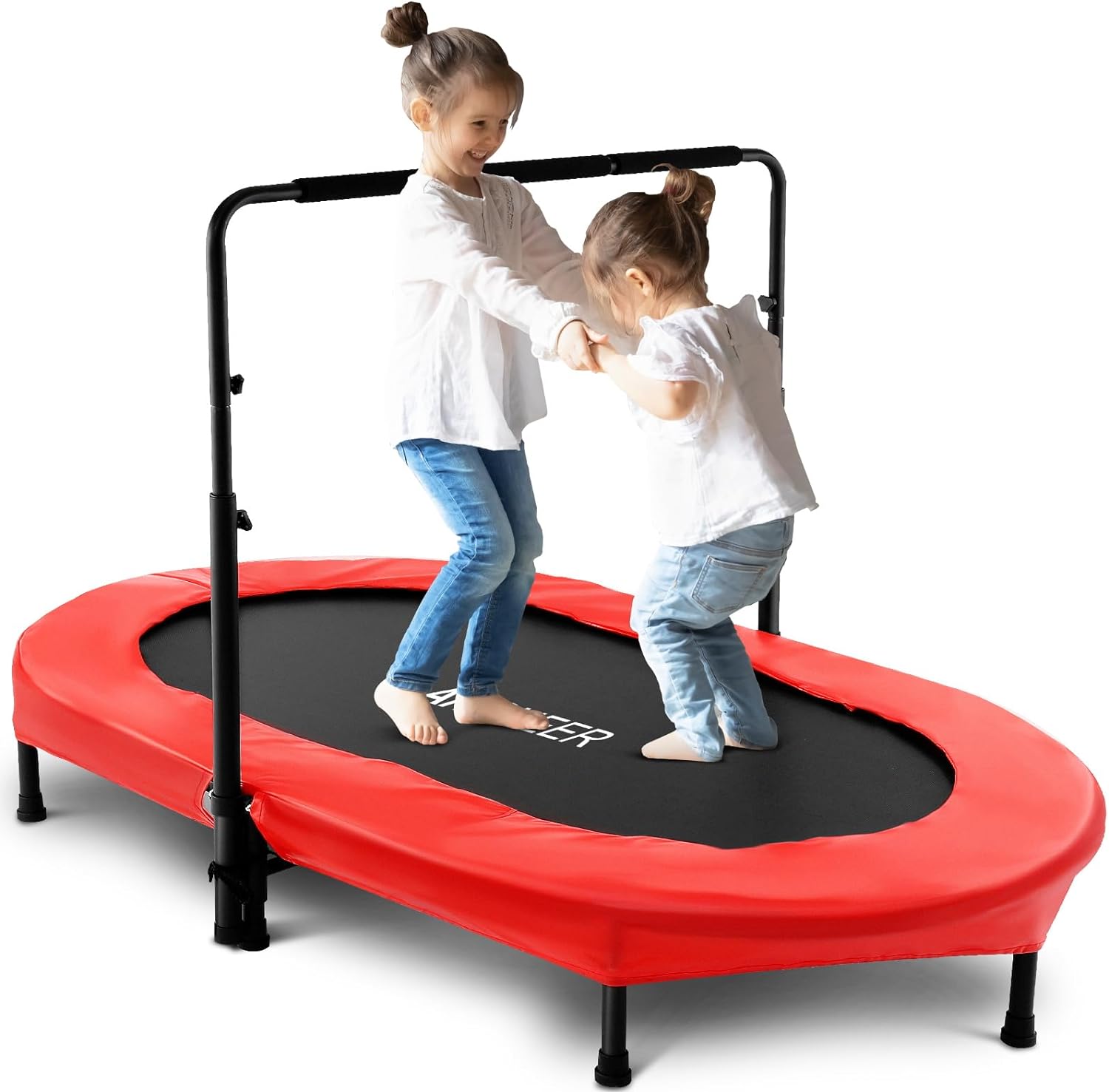 Kids Indoor Trampoline, ANCHEER 56 Foldable Mini Trampoline with 5 Level Adjustable Handle Bar DoubleTrampoline for Kid and Adults with Reinforced Stitching & Non-Slip Rubber Feet, 220lbs Max Load