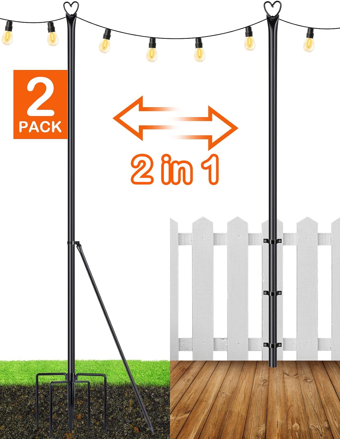 String Light Poles - 2 Pack 9.8 FT for Outside Hanging - Backyard, Garden, Patio, Deck Lighting Stand for Outdoor Parties, Wedding