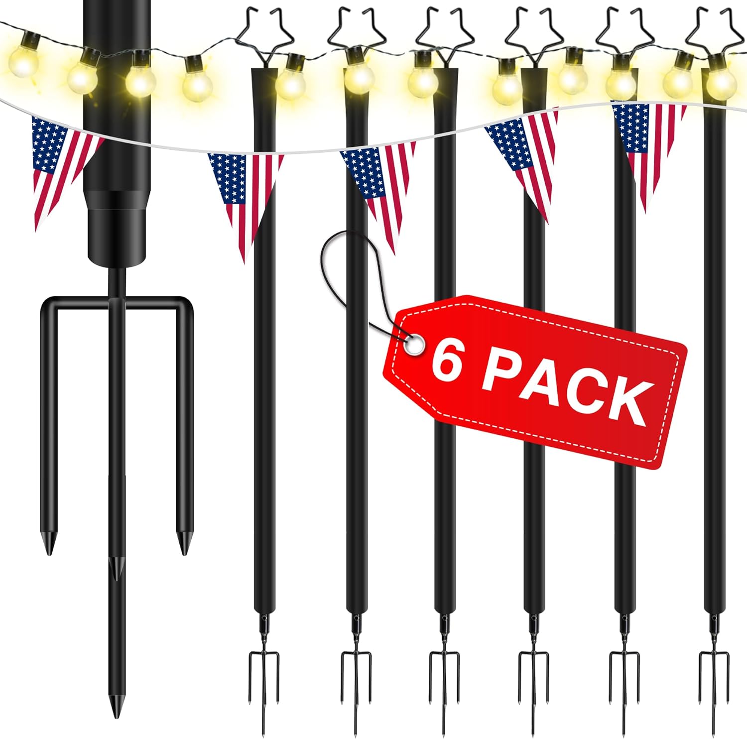 Sandinrayli String Light Poles, Set of 6 Outdoor Black Metal Poles for Hanging String Lights. Sturdy Hanging Pole for Outdoor String Lights, Creating an Enchanting Ambiance in Your Patio or Garden.