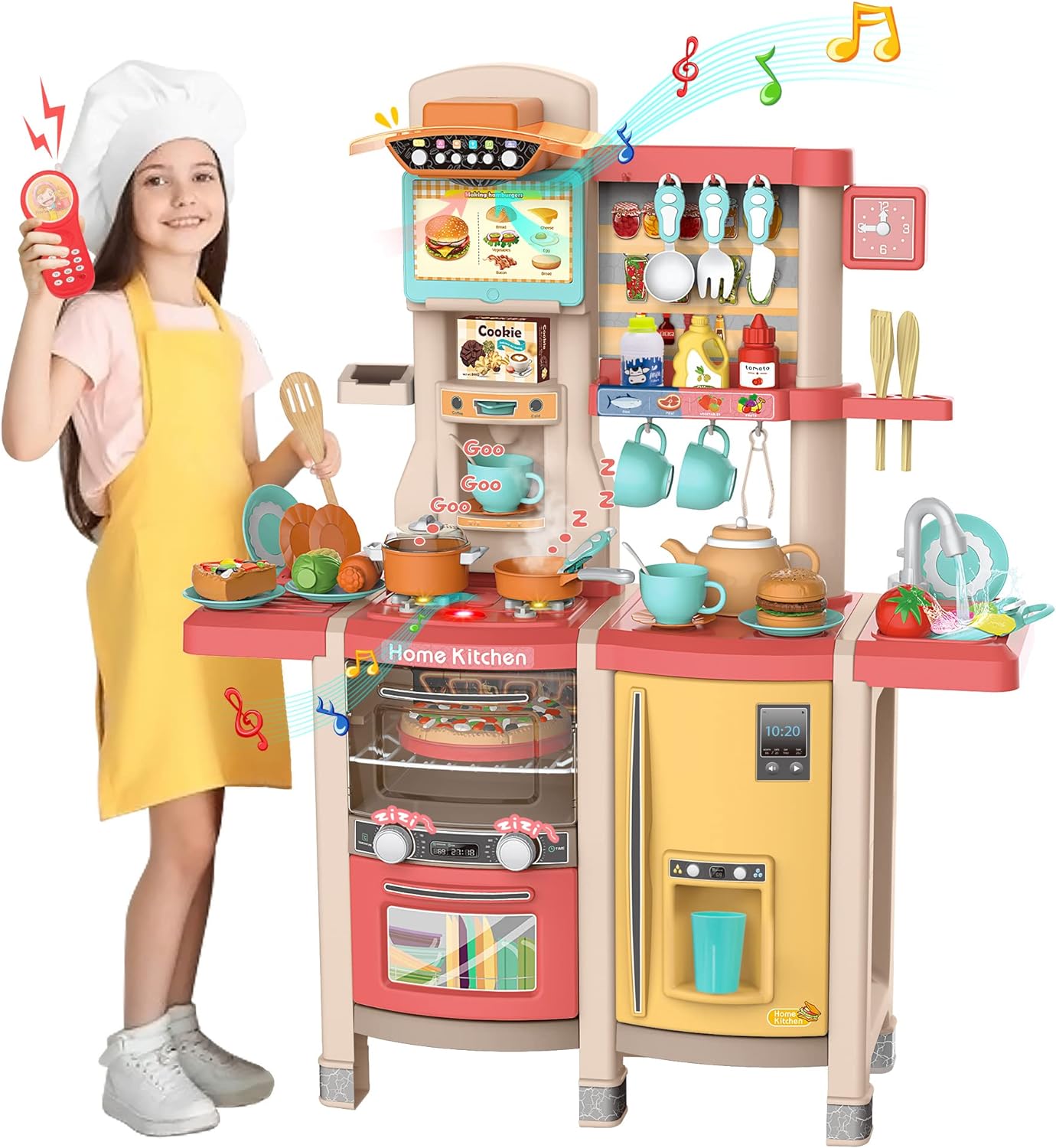 Kids Play Kitchen,Kitchen Playset with 65pcs Kitchen Toys for Toddlers,Play House Accessories with Spray Stove, Simulated Steam, Sink, Oven,Dishwasher, Real Sounds and Light for Girls and Boys