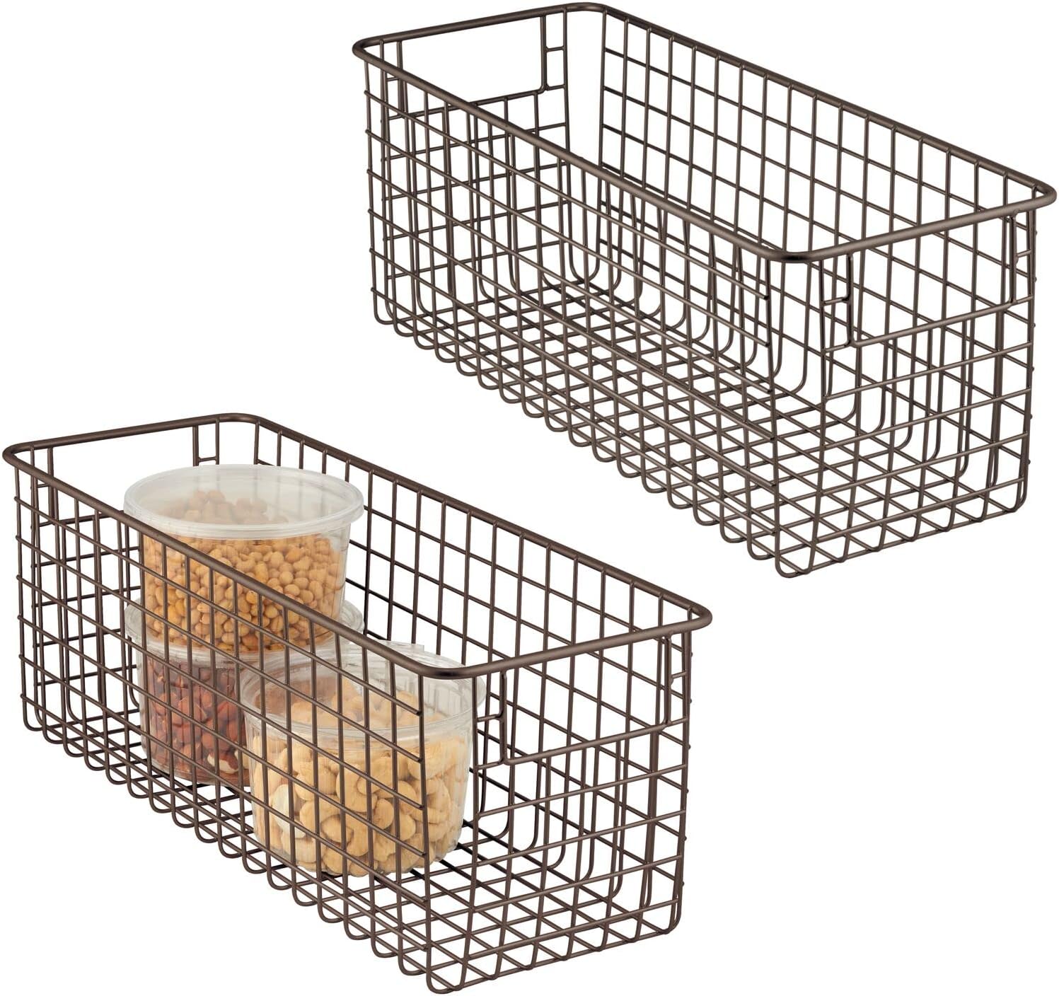 mDesign Slim Metal Wire Food Storage Organizer Basket with Handles - Organization in Kitchen Cabinets, Pantry Shelf, Bathroom, Laundry Room, Closets, Garage, Concerto Collection, 2 Pack, Bronze