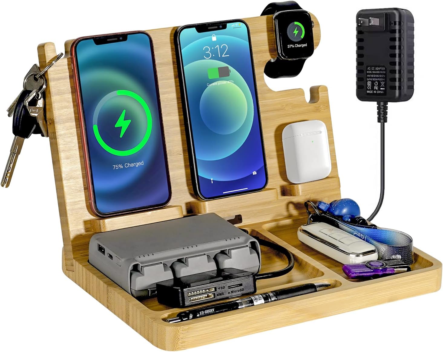 Nightstand Charging Station, 27W Fast Charging Wireless Charger Stand for iPhone/iWatch/Airpod/Samsung, Bamboo Phone Docking Station for Multi Devices, Desk Nightstand Organizer Gifts for Men