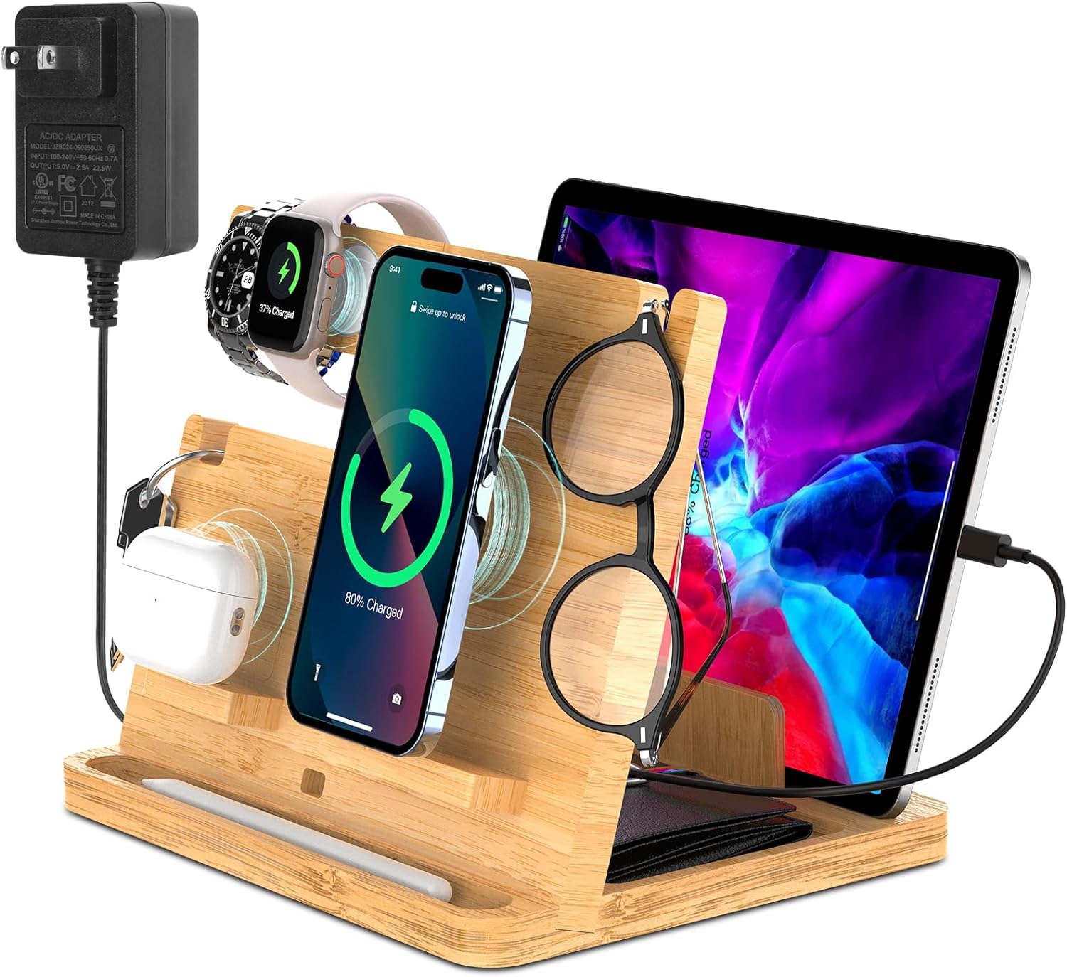 Bamboo Phone Wireless Charging Station, iPhone Wireless Docking Station for Multiple Devices, Nightstand Organizer, Wireless Charger Compatible with iPhone/Apple Watch/AirPods/ipad