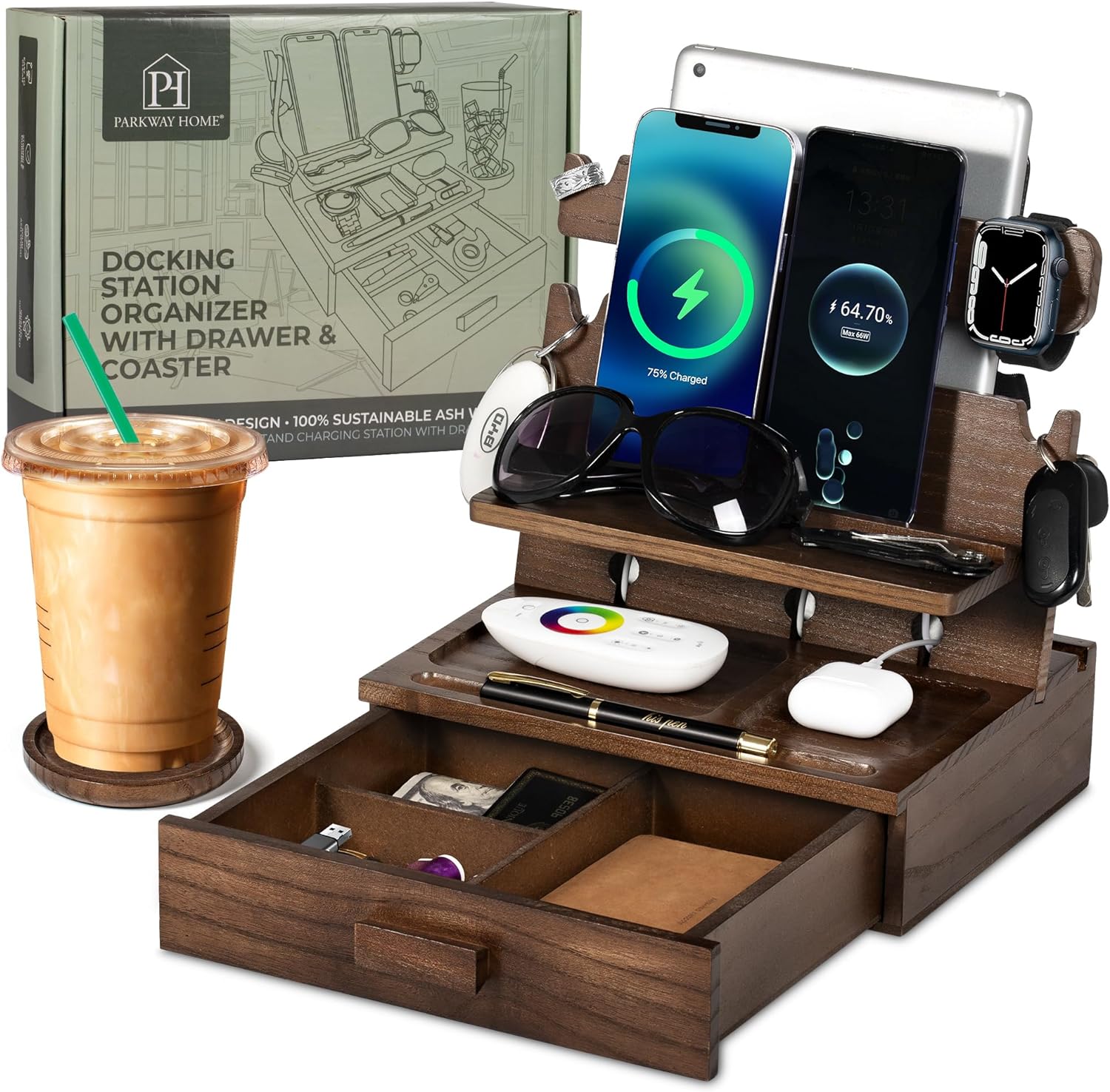 Wood Phone Docking Station for up to 3 Phones - Nightstand Organizer with Drawer for Valuables for Men & Women, Apple Watch Compatible, Holds Phones, Tablets, Keys, Rings, Glasses, Watches, EDC & More