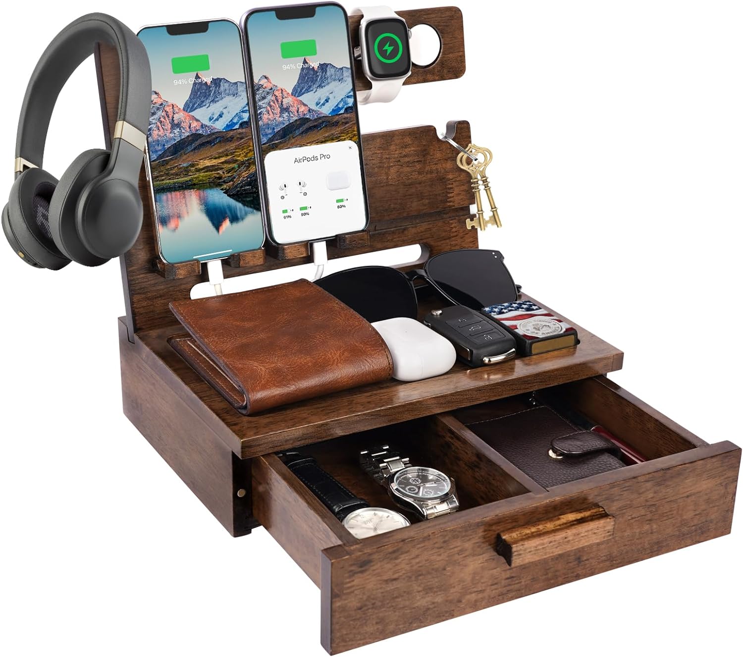 Gifts for Dad Fathers Day from Daughter Son, Wood Phone Docking Station with Drawer Nightstand Organizer for Men, Husband Anniversary Birthday Gifts Ideas from Wife, Cool Gadgets for Him Papa