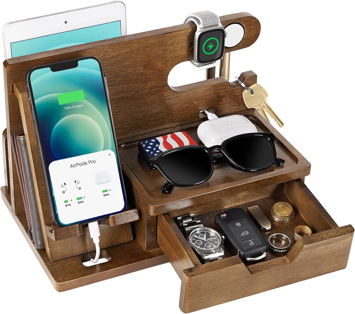 Gifts for Men Dad, Husband Dad Gifts from Daughter Son Wife Fathers Day, Wood Phone Docking Station with Drawer, Birthday Gifts Idea for Him Husband Boyfriend Anniversary, Mens Nightstand Organizer