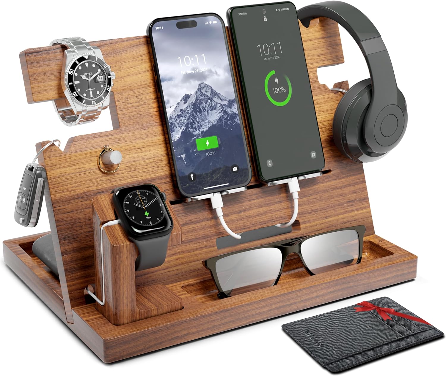 Wooden Docking Station Men, Nightstand Organizer Bundle w/RFID Blocking Leather Wallet - Charging Station, Cell Phone Stand, Tablet Stand, Husband Gifts from Wife, for Dad - Walnut