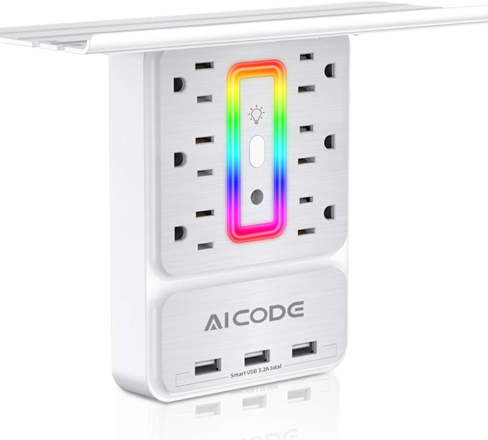 AICODE Socket Outlet Shelf,Wall Outlet,6 Electrical Outlet Splitter with 3 USB Power Outlet,Surge Outlet Protector Multi Plug Outlet,Charging Shelf,Outlet Expander with 6 RGB Light for Home