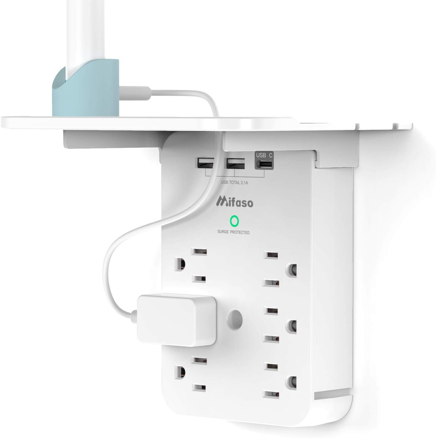 Wall Outlet Extender with Surge Protector, 6 AC Outlets, Shelf, 2 USB & USB C Charging Ports - Home & Dorm Plug Expander