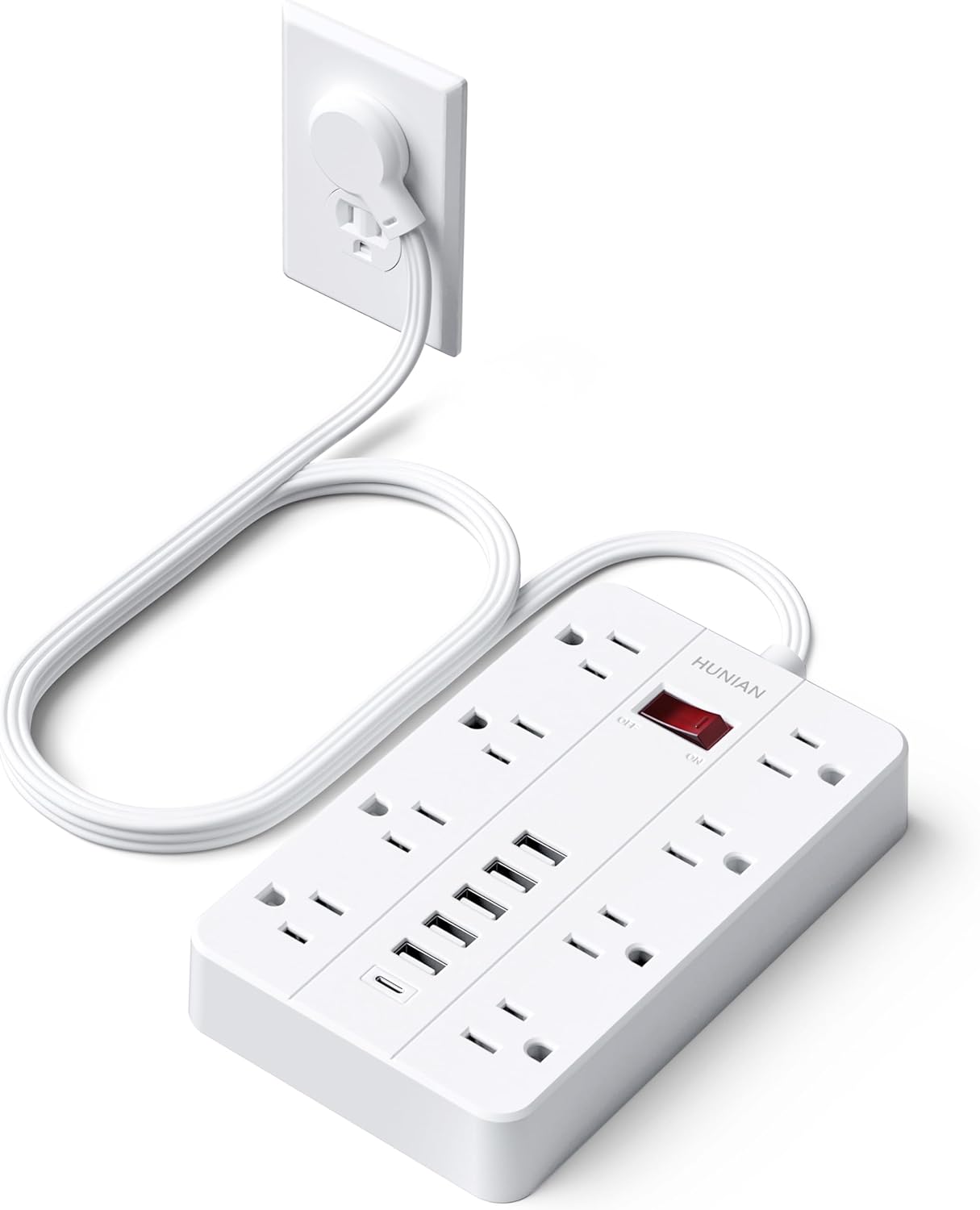 Surge Protector Power Strip, HUNIAN 5 Ft Extension Cord Flat Plug with 8 Widely Spaced Outlets, 6 USB Charger(1 USB C Port), Desk Charging Station for Home, Office, Dorm Room Essentials, White