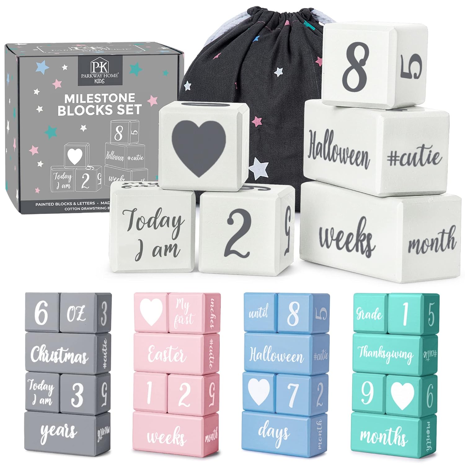 White Baby Monthly Milestone Blocks with Bag. Baby Age Blocks for Girl or Boy Baby Photo Props and Baby Shower. Month Baby Milestone Blocks with Grammatically Correct Month and Year