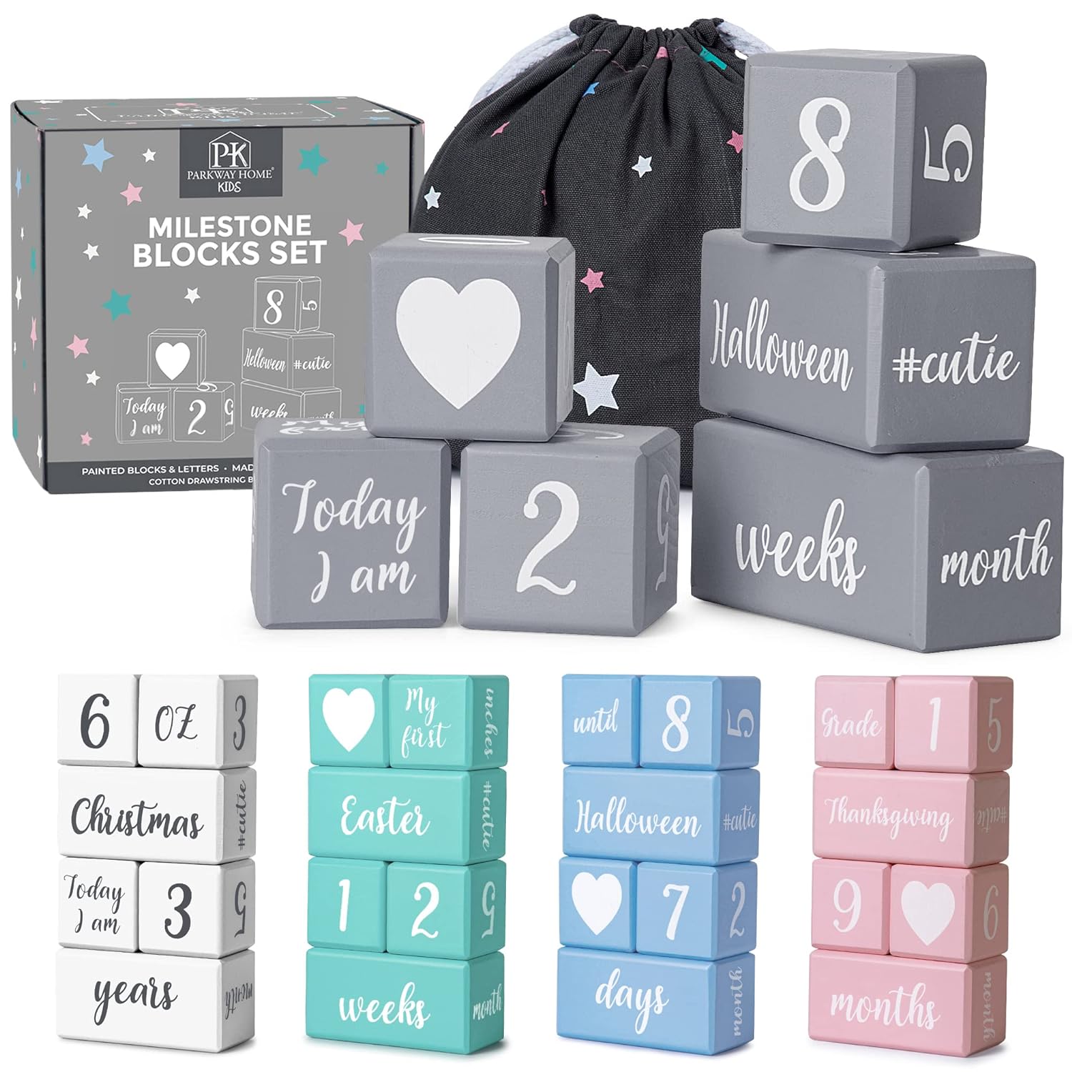 Gray Monthly Milestone Blocks with Bag. Baby Age Blocks for Girl or Boy Baby Photo Props. Month Baby Milestone Blocks with Grammatically Correct Month and Year