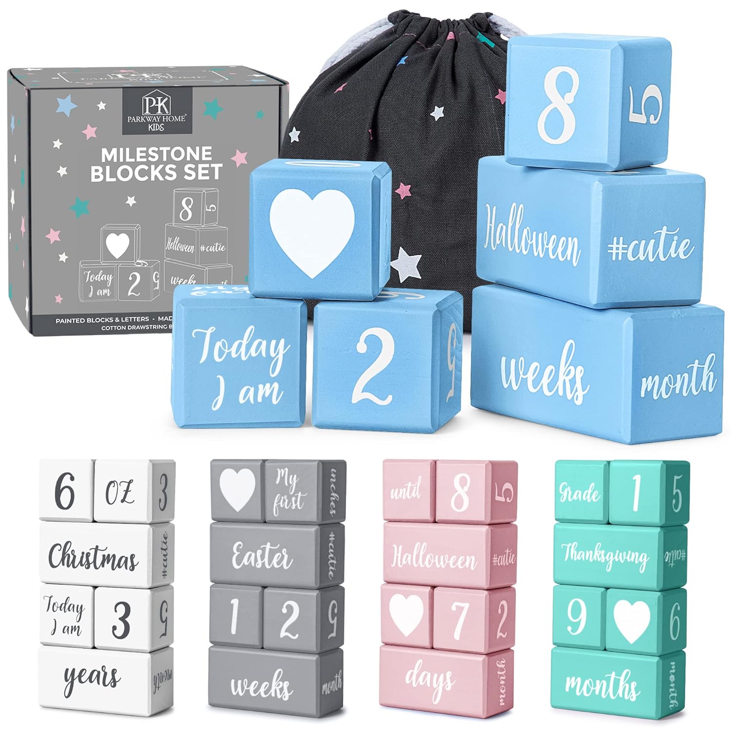 Blue Baby Monthly Milestone Blocks. Baby Age Blocks for Girl or Boy Baby Photo Props and Baby Shower. Month Baby Milestone Blocks with Grammatically Correct Month and Year