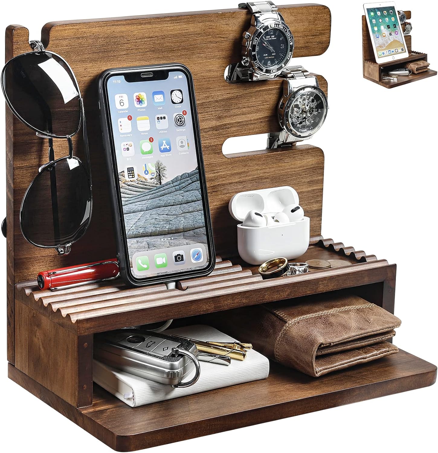 Homde Solid Wood Charging Station Storage/Nightstand Organizer for Multiple Devices Including Phone, Smart Watch, Laptop, Tablet Perfect as an Electronic Organizer Gift for Men