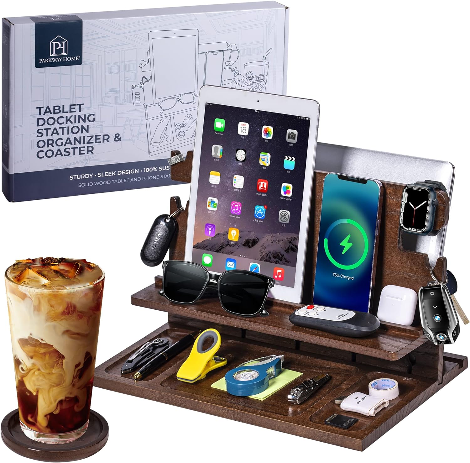 iPad Stand For Desk, Tablet Stand Holder, Extra Large Wood Phone Docking Station For Men & Women - Nightstand Organizer Compatible with Apple Watch & More, Neatly Stores Keys, Rings, Glasses & EDC