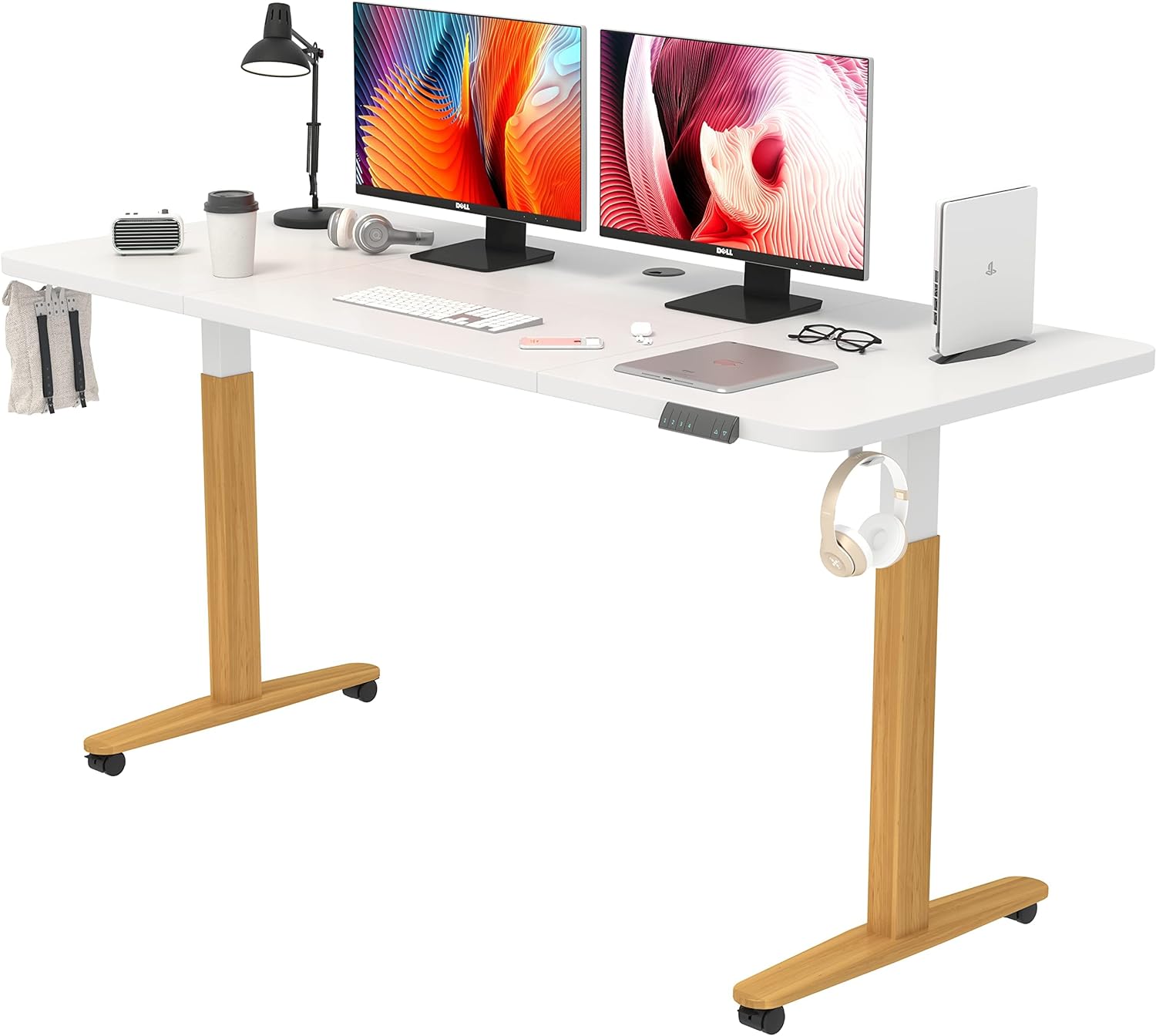 Monomi Electric Standing Desk, 55 x 28 inches Height Adjustable Desk, Ergonomic Home Office Sit Stand Up Desk with Memory Preset Controller (White Top/Wood Grain Frame)