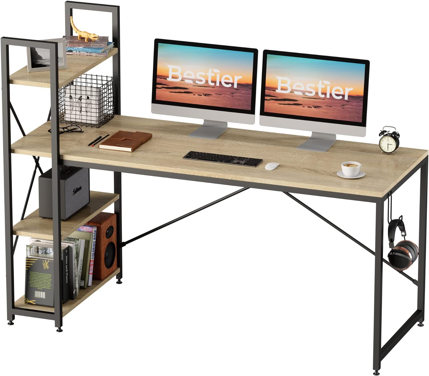 Bestier Computer Desk with Storage Shelves Home Office Desk Large Writing Table (Oak, 63 Inch)