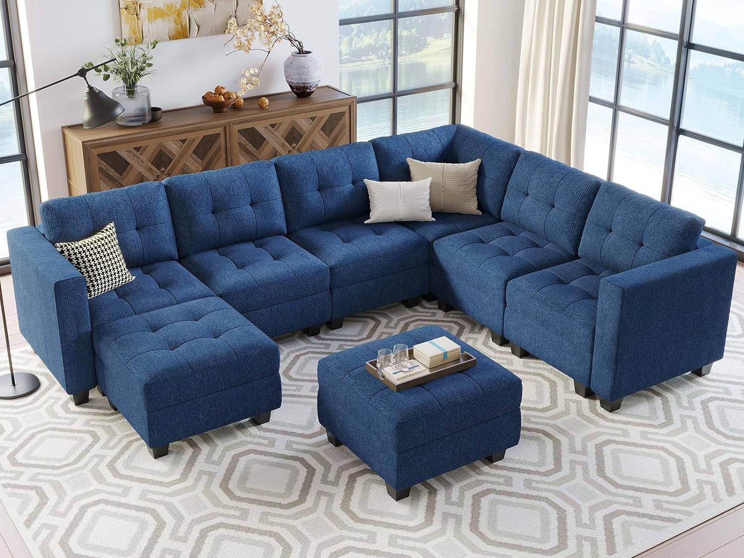 Belffin Modular Sectional Sofa Set with Ottomans Oversized U Shaped Sofa Set with Storage Seat Modular Sofa Couch with Reversible Chaises Modern Fabric Blue