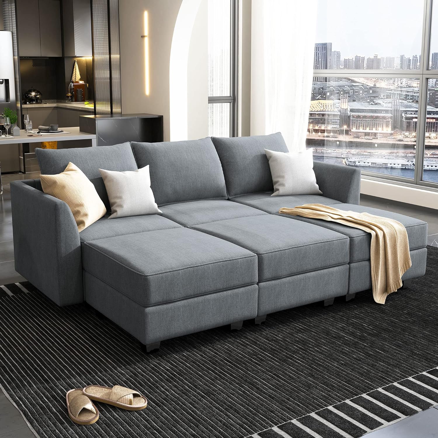 HONBAY Modular Sectional Sleeper Sofa for Living Room Modular Couch with Storage Seats, Bluish Grey