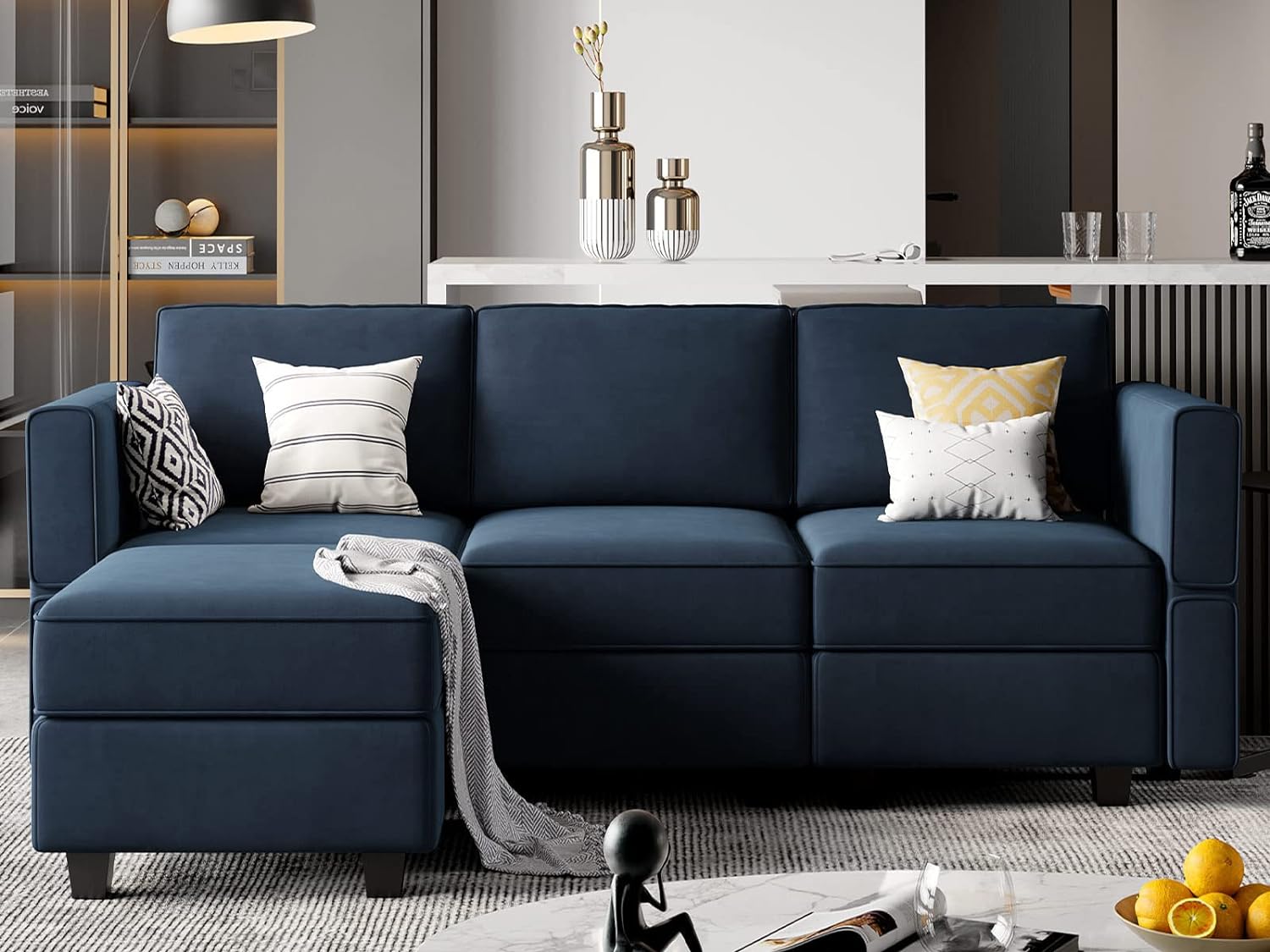 Belffin Convertible Sectional Sofa with Chaise Velvet L Shaped Sofa Couch Modular Sectional Sofa with Storage Blue