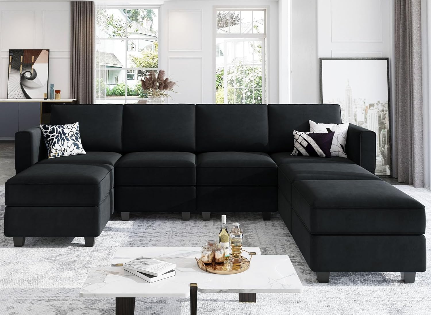 Belffin Modular Sectional Sofa U Shaped Sectional Couch with Reversible Chaises Velvet Modular Sofa with Storage Seat Black