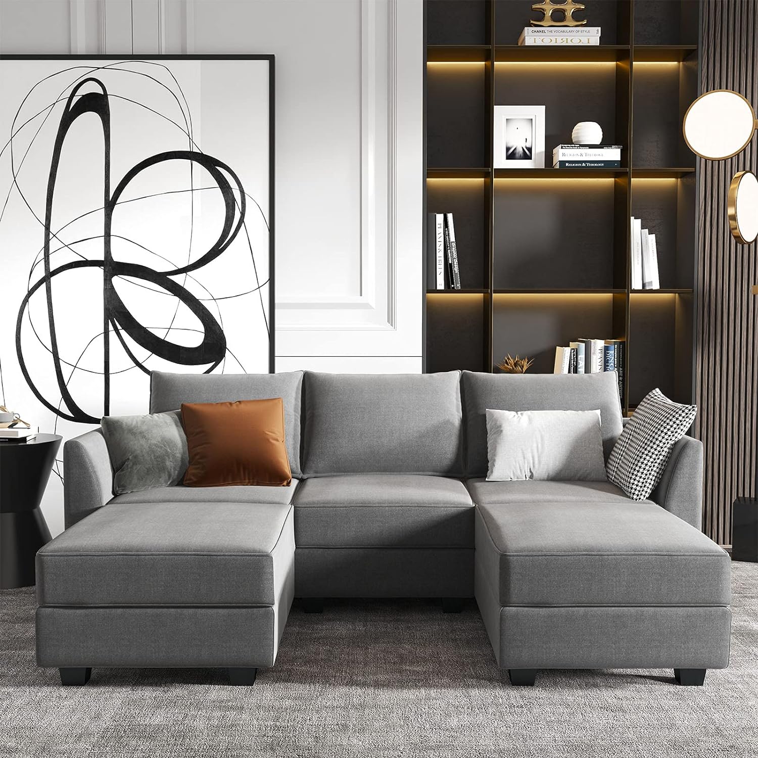 HONBAY Modular Sectional Sofa with Double Chaises U Shaped Sofa for Living Room Sectional Couch with Reversible Ottomans, Grey