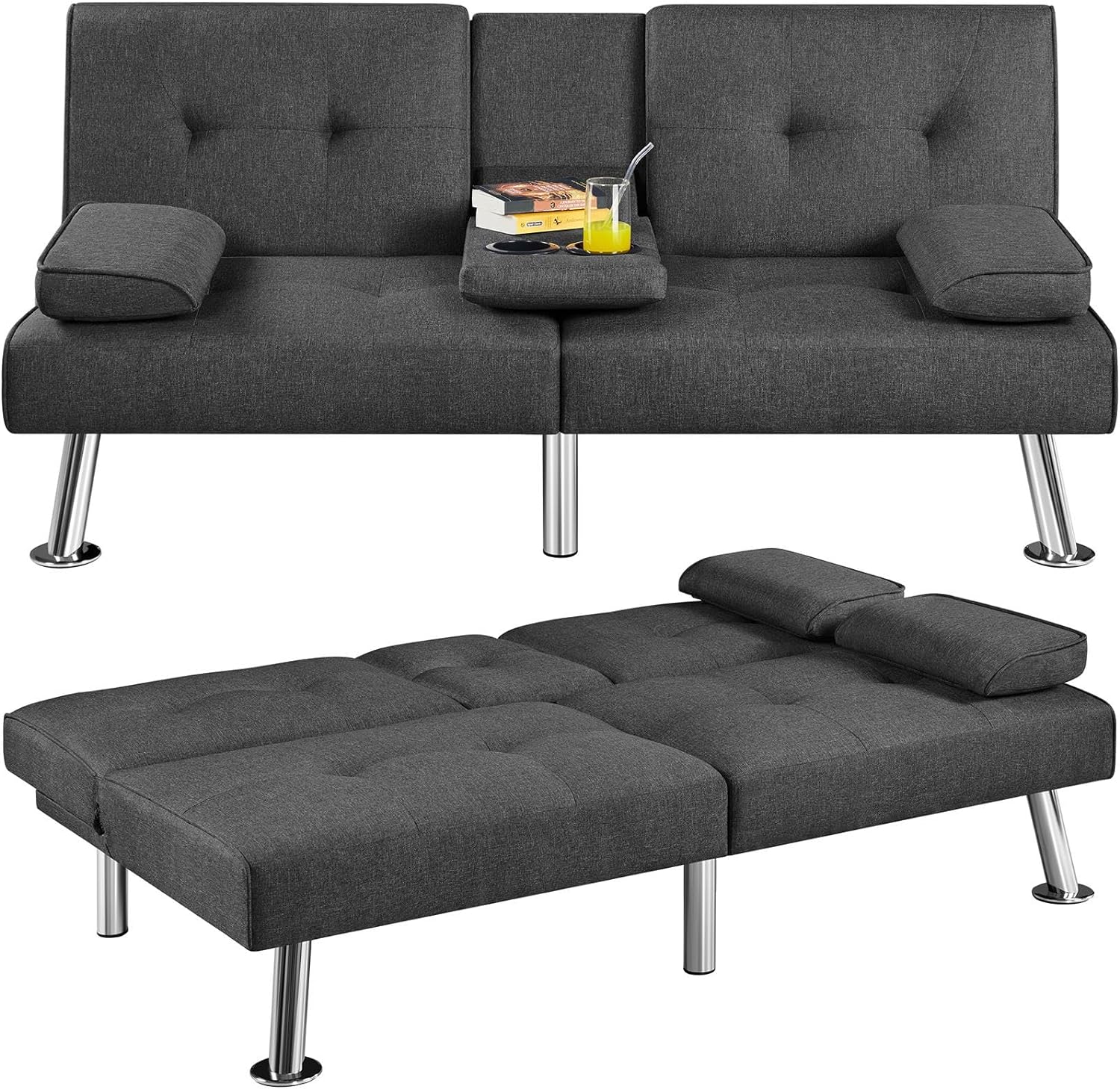 Yaheetech Convertible Sofa Bed Adjustable Fabric Couch Sleeper Modern Recliner Reversible Loveseat Folding Daybed Guest Bed, Removable Armrests, Cup Holders, 3 Angles, 772lb Capacity, Dark Gray