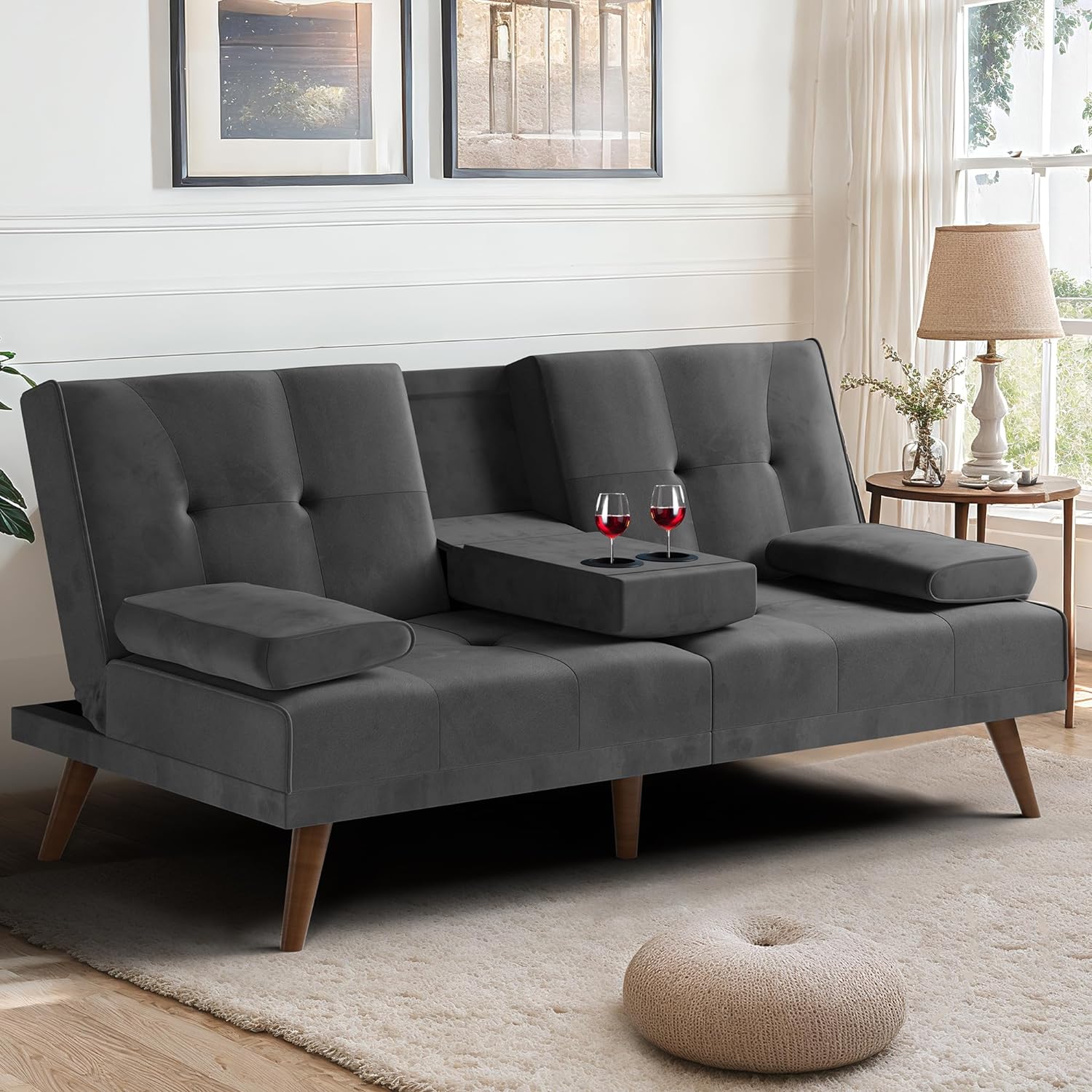 Meilocar Sofa Bed Velvet, 60 Loveseat Futon Sofa Bed with Removable Armrests, Adjustable Reliner Guest Bed Daybed for Small Space, Cup Holders, 3 Angles, Gray