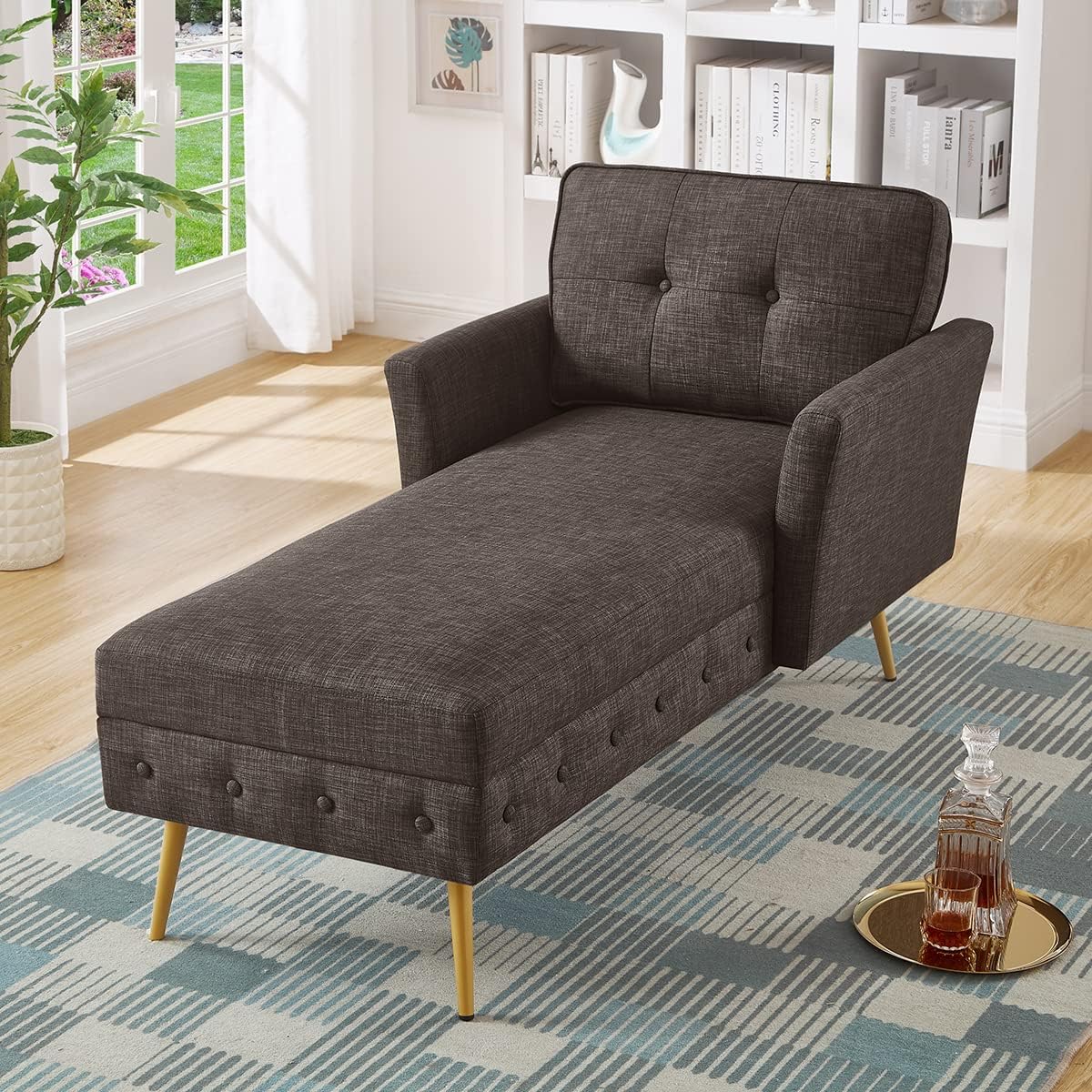 24KF Dark Brown Upholstered Tufted Chaise Lounge Chair, Chaise Sofa Bed in Gray 57 Bed BenchChair Bed, Chaise Lounge for Offices Living Room and Bedroom Chaise Chairs-Dark Brown