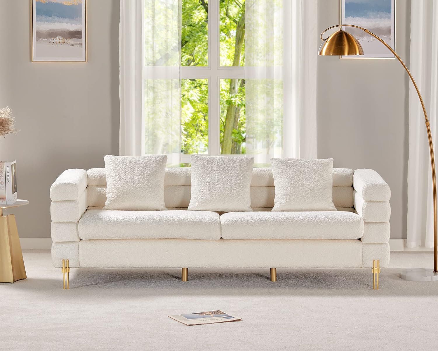 Sofa, Oversized Sofa- 85 inch, 3 Seater Sofa Comfy Sofa for Living Room- White Deep Seat Sofa, Boucl Couch