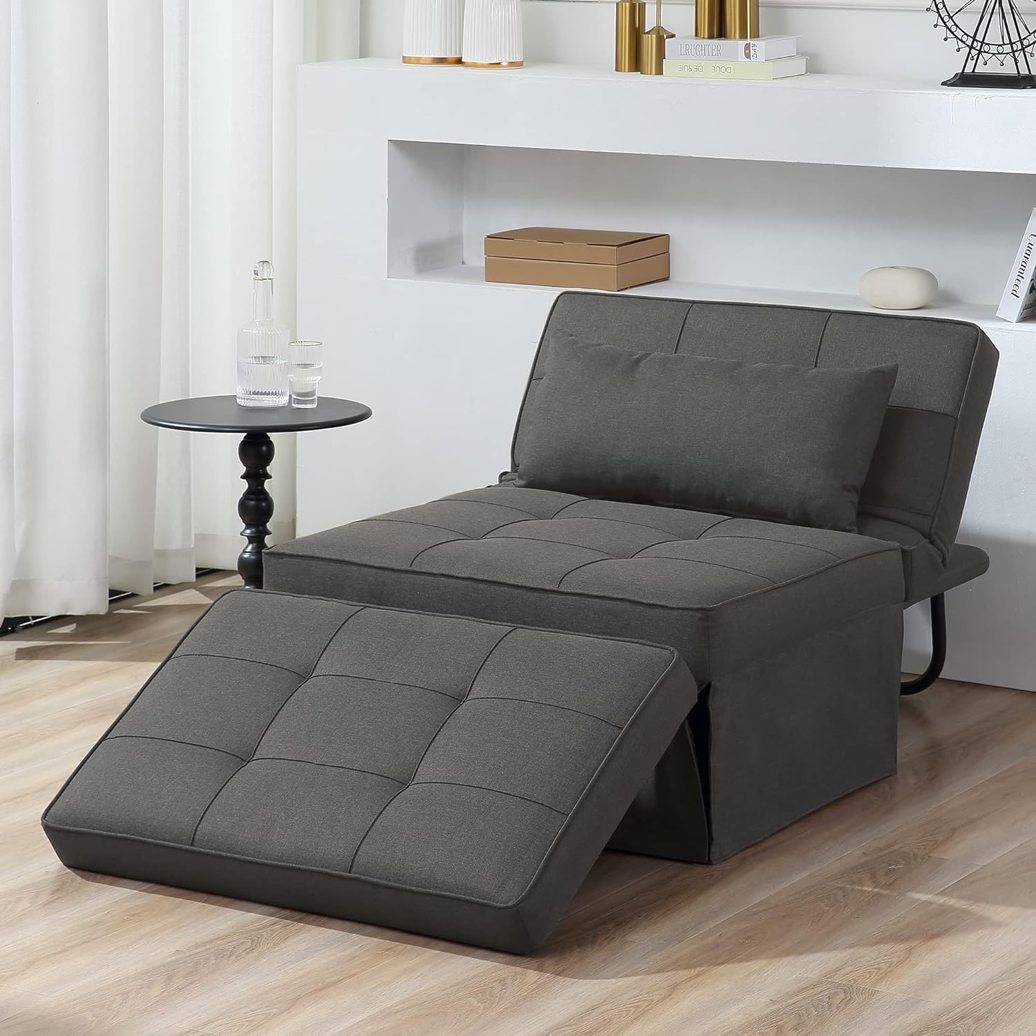 Sofa Bed, 4 in 1 Multi-Function Folding Ottoman Breathable Linen Couch Bed with Adjustable Backrest Modern Convertible Chair for Living Room Apartment Office, Dark Grey